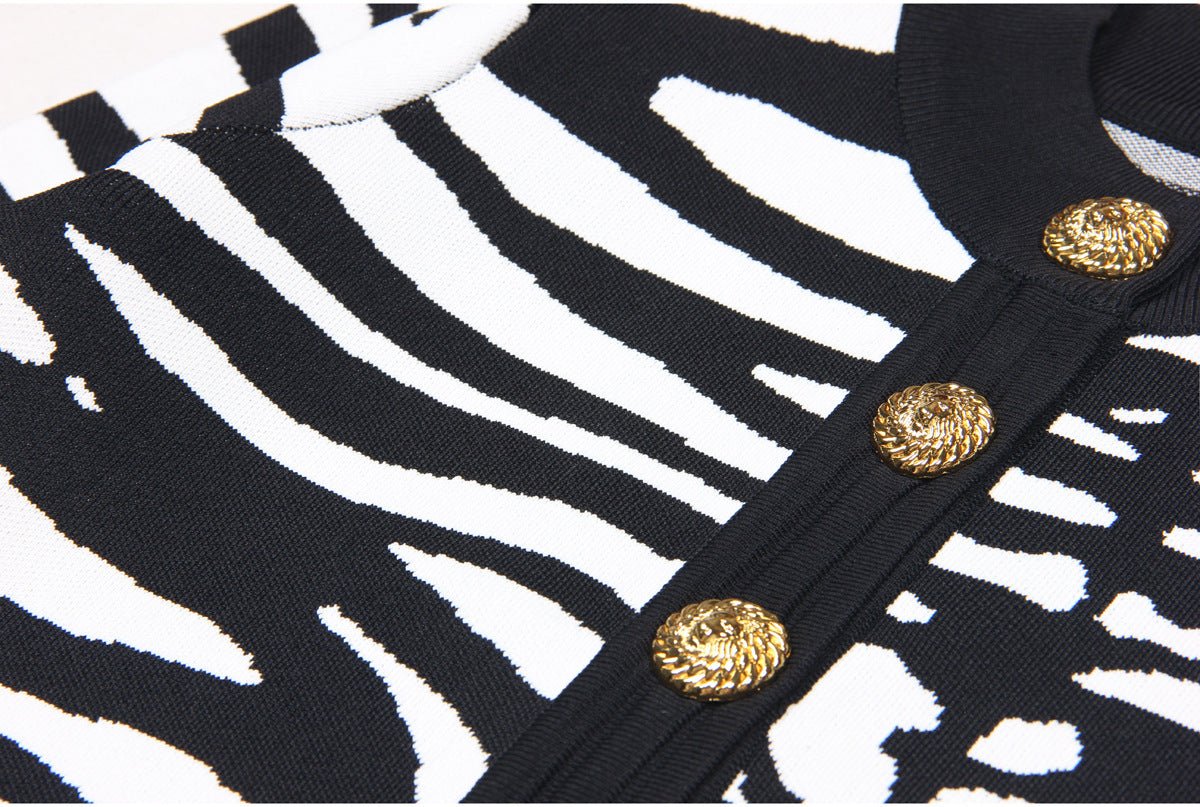 Black and White Zebra Print Cropped Sweater with Gold Buttons
