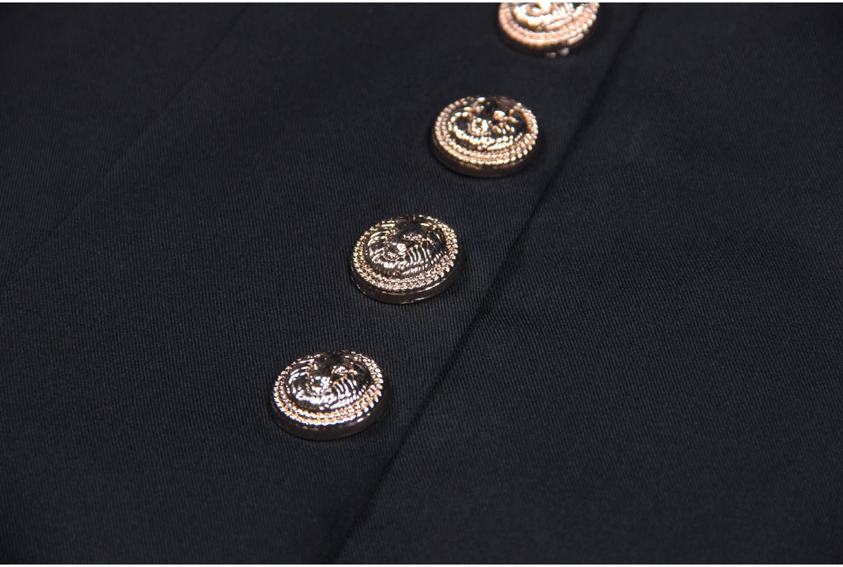 Black wide-leg pants with gold buttons
