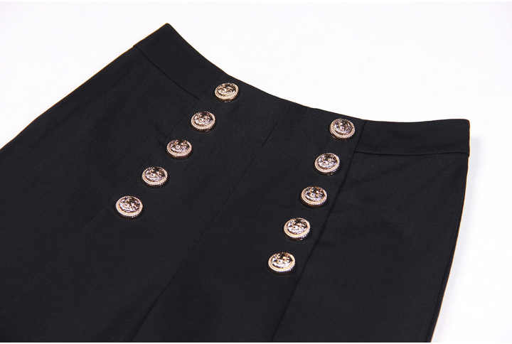 Black high-waisted wide-leg pants with gold buttons