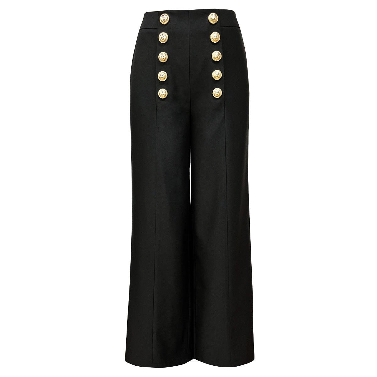 Black wide-leg pants with gold buttons