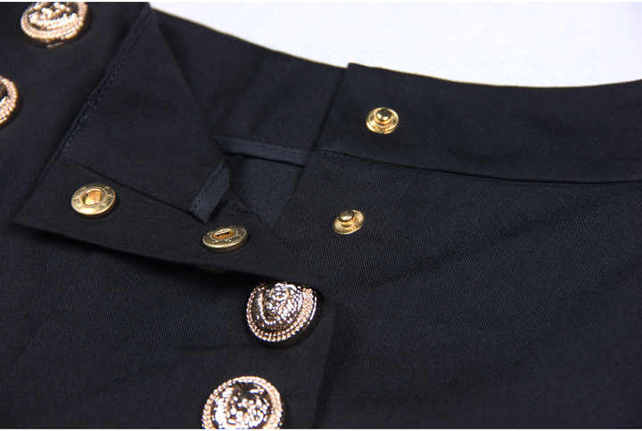 Black wide-leg pants with gold button accents