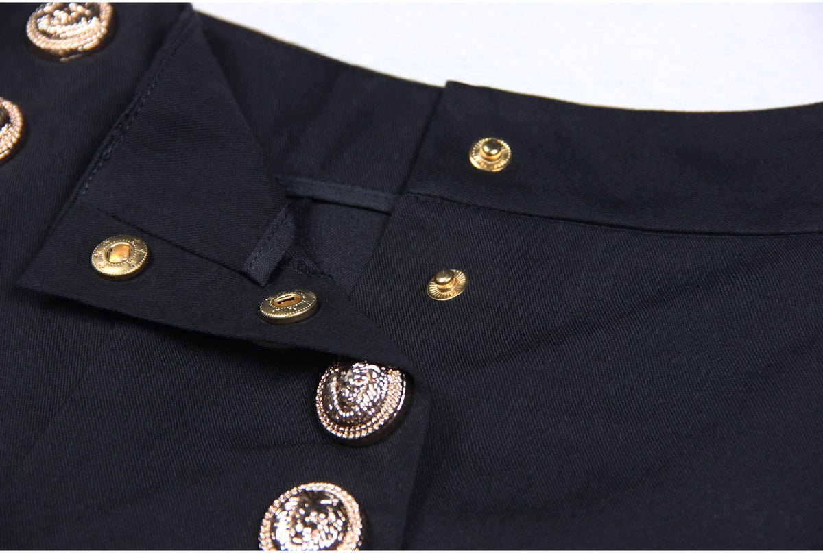 High-waisted black wide-leg pants with gold buttons