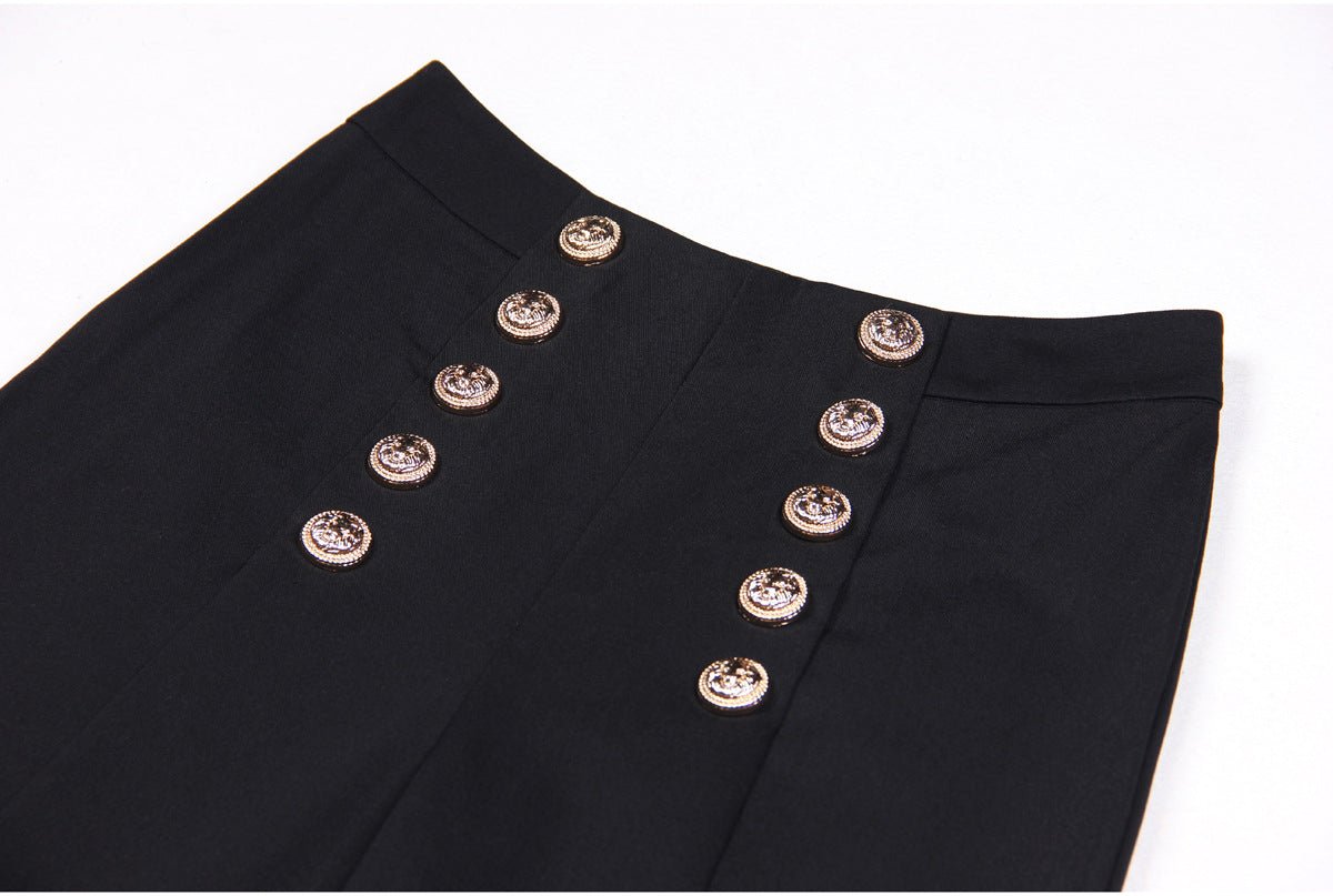Black wide-leg pants with gold button detailing