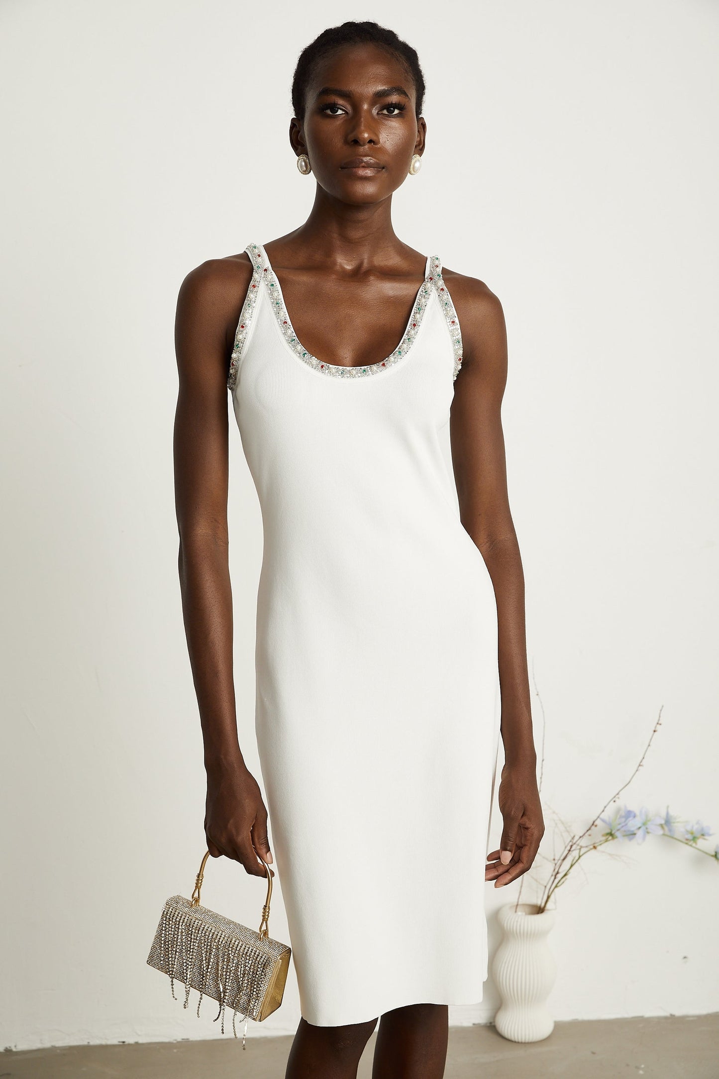 Blanche white beadembellished cardigan dress matching set