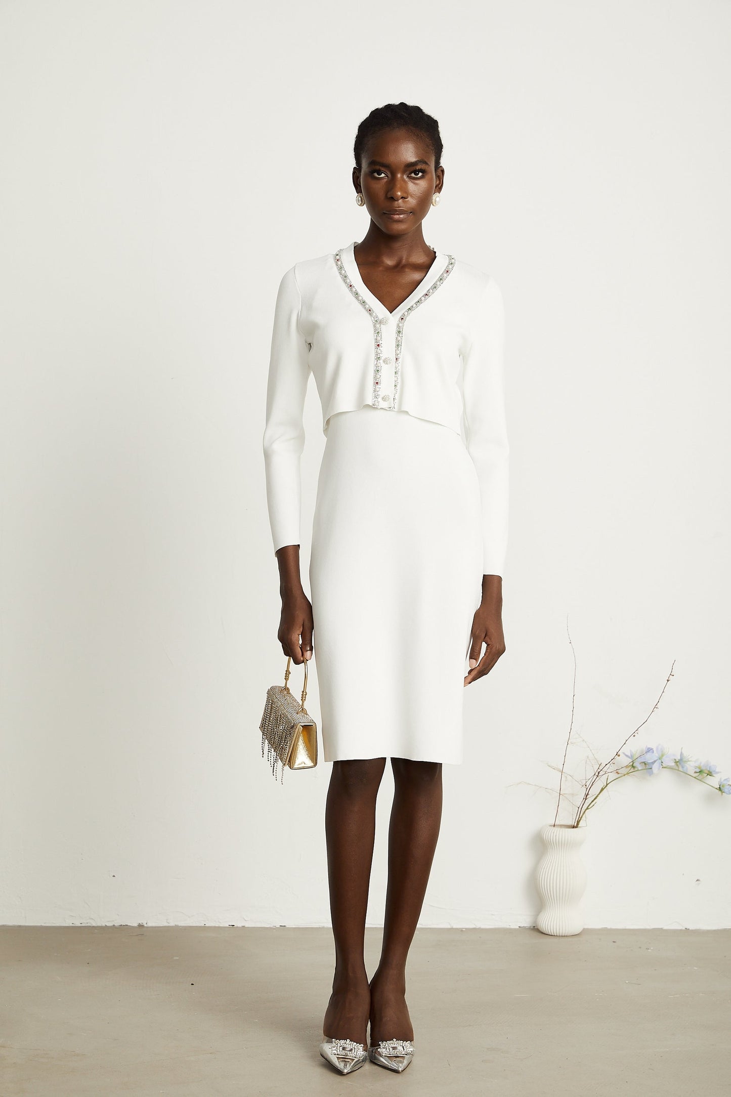 Blanche white beadembellished cardigan dress matching set