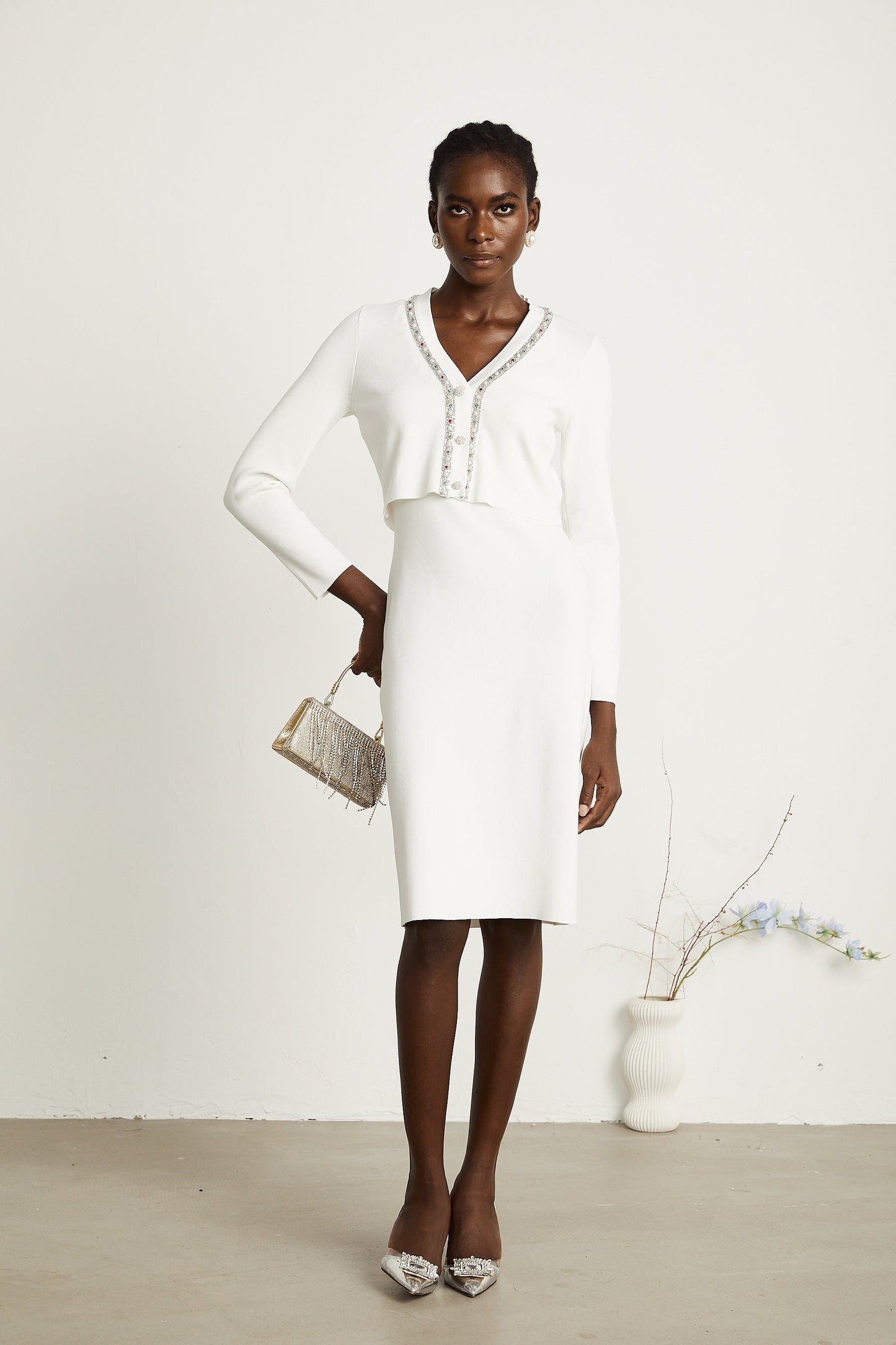 Blanche white beadembellished cardigan dress matching set
