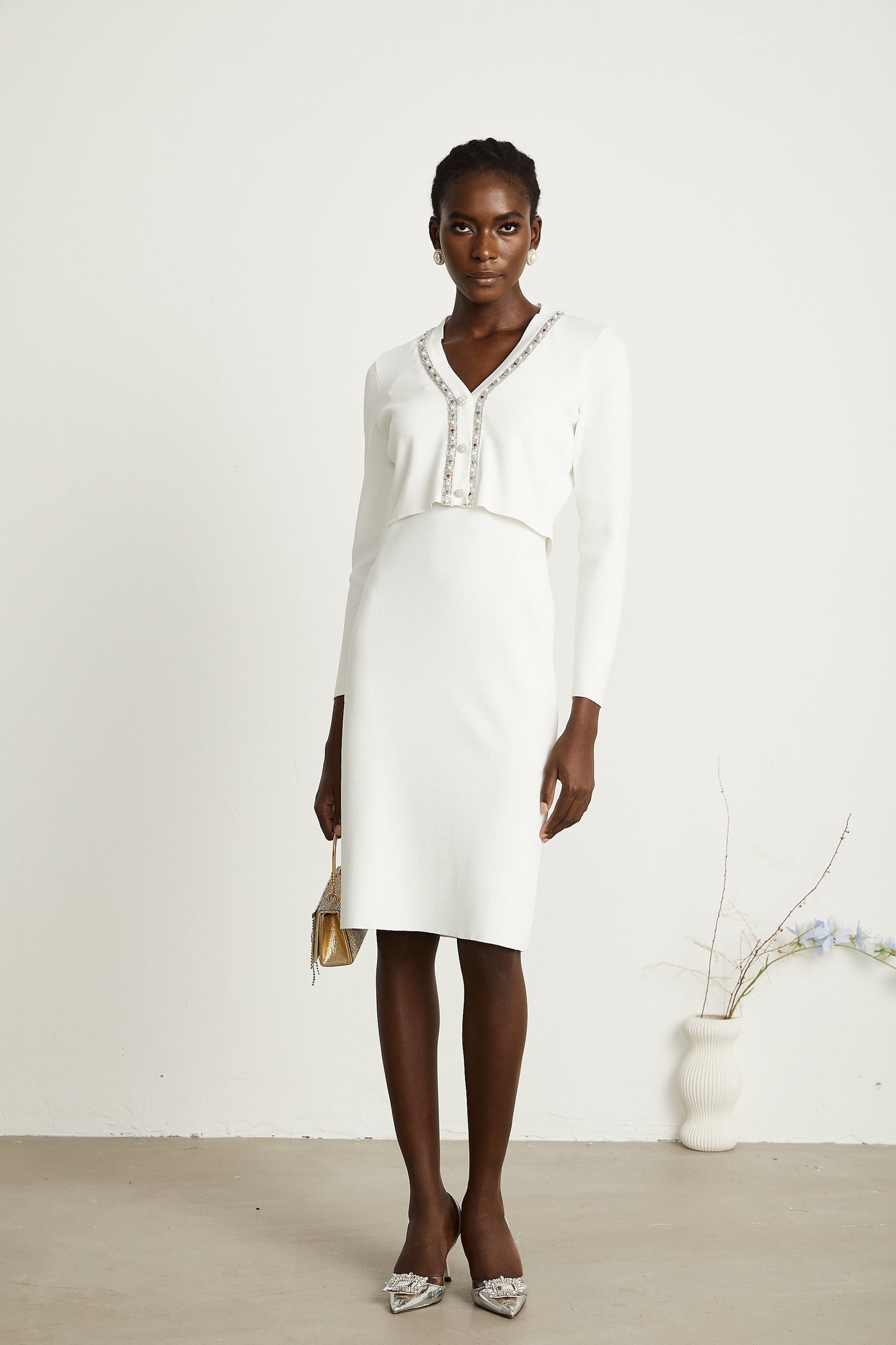 Blanche white beadembellished cardigan dress matching set