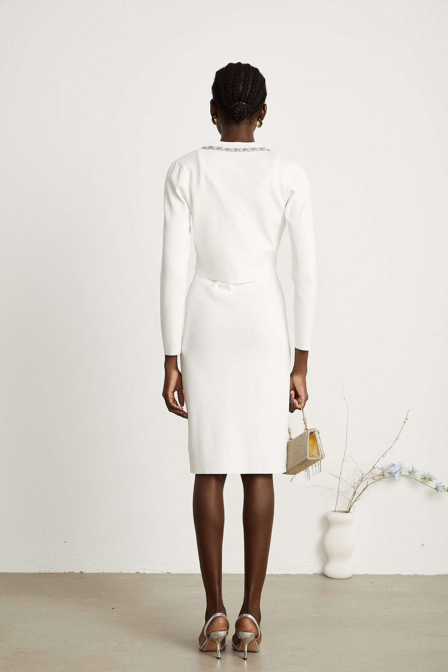 Blanche white beadembellished cardigan dress matching set