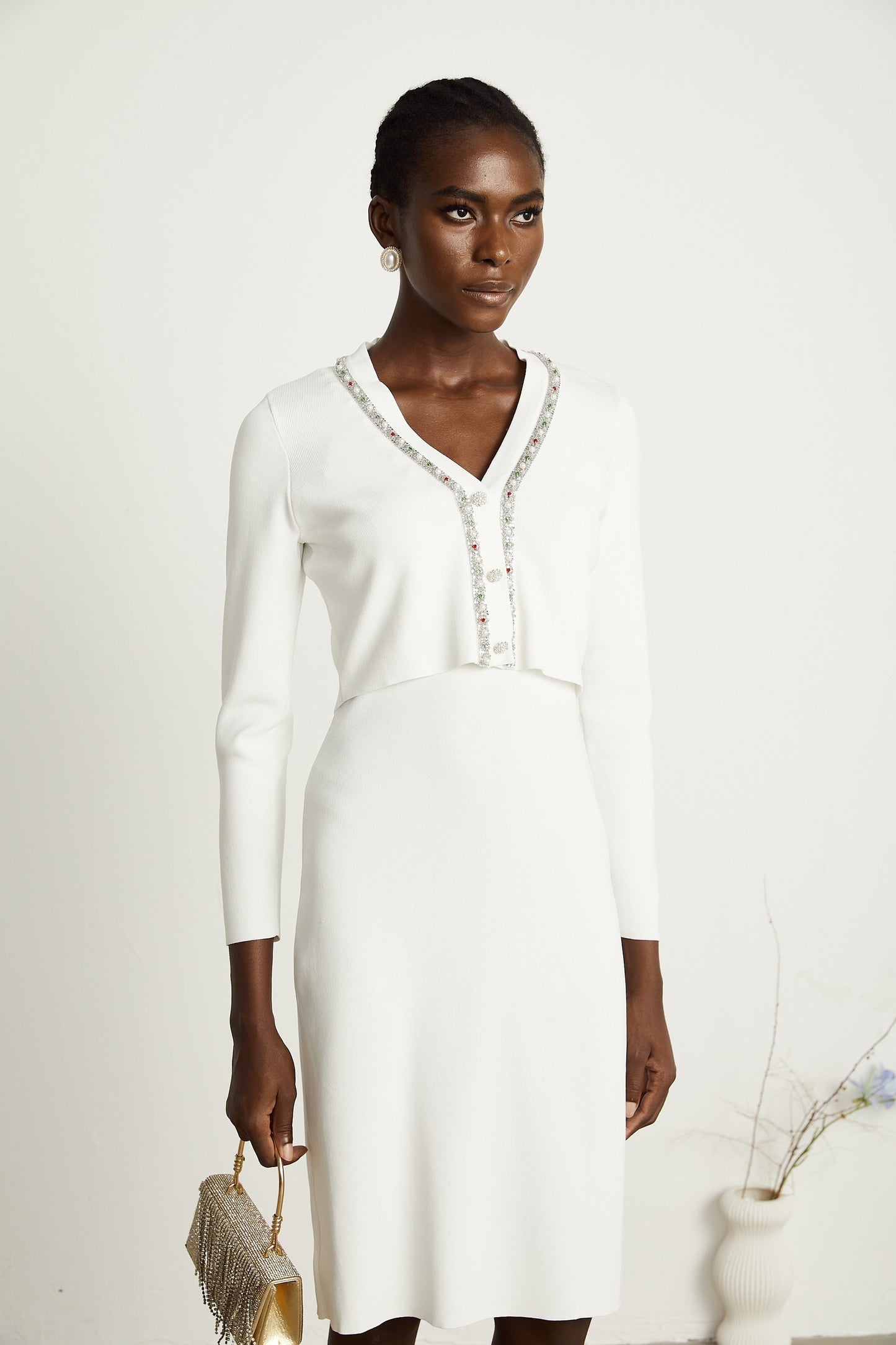 Blanche white beadembellished cardigan dress matching set