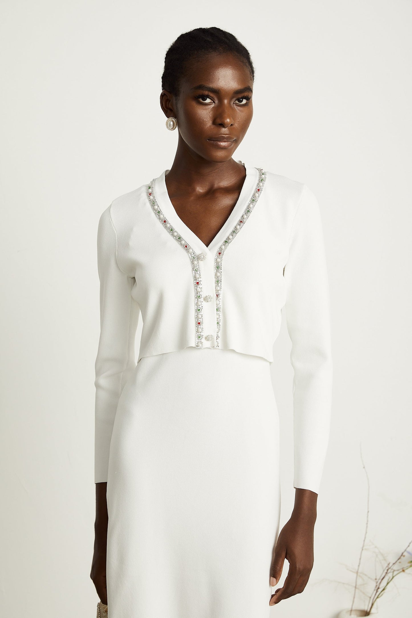Blanche white beadembellished cardigan dress matching set