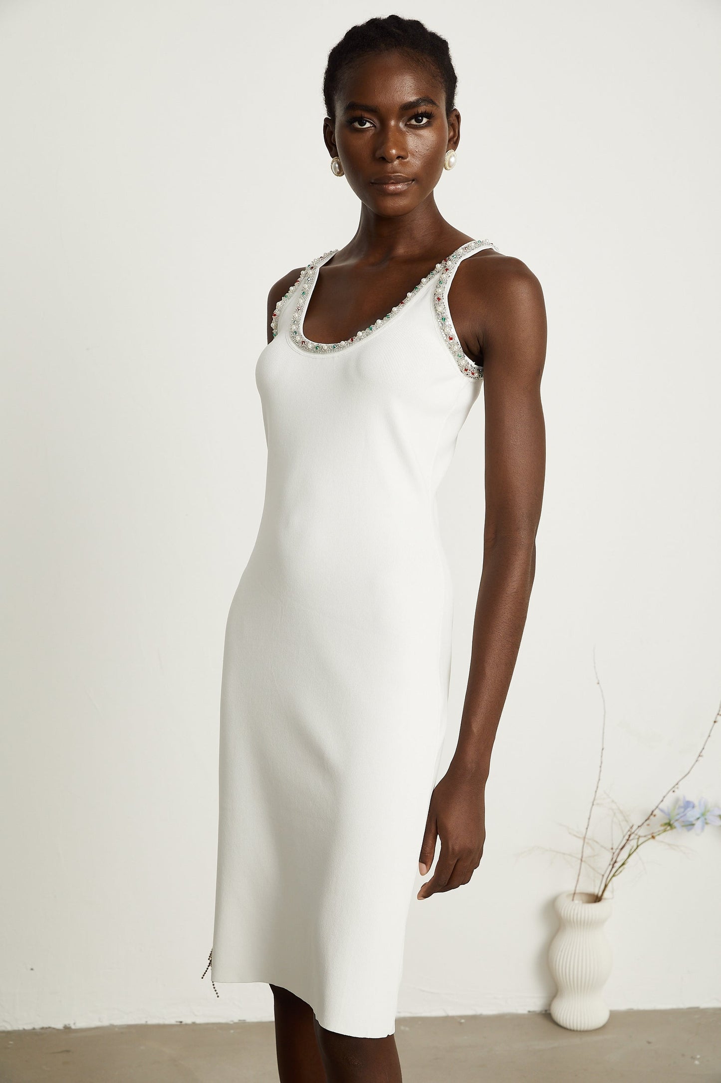 Blanche white beadembellished cardigan dress matching set