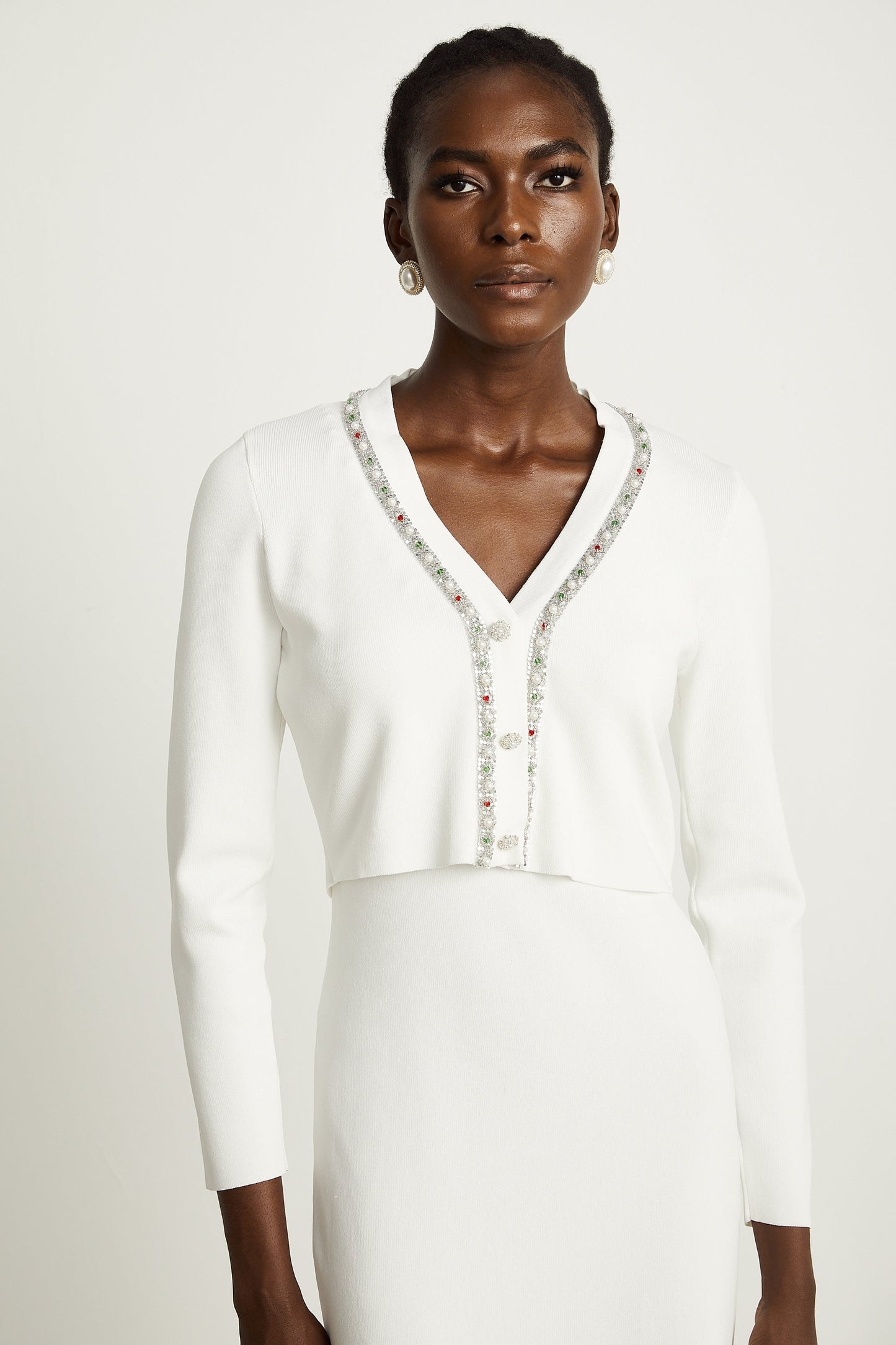 Blanche white beadembellished cardigan dress matching set