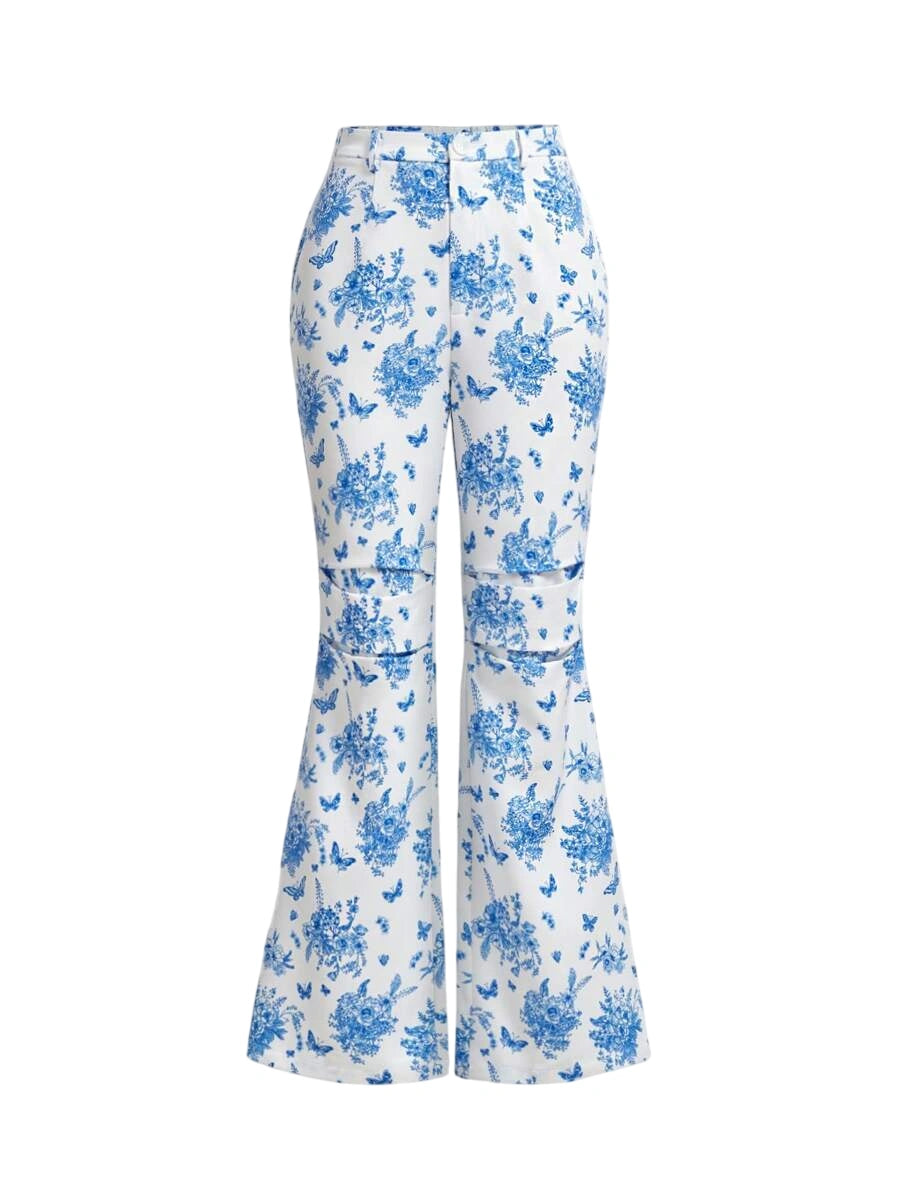 Blue amp White Floral Printed HighWaist Flared Pants With Knee Slits For Women