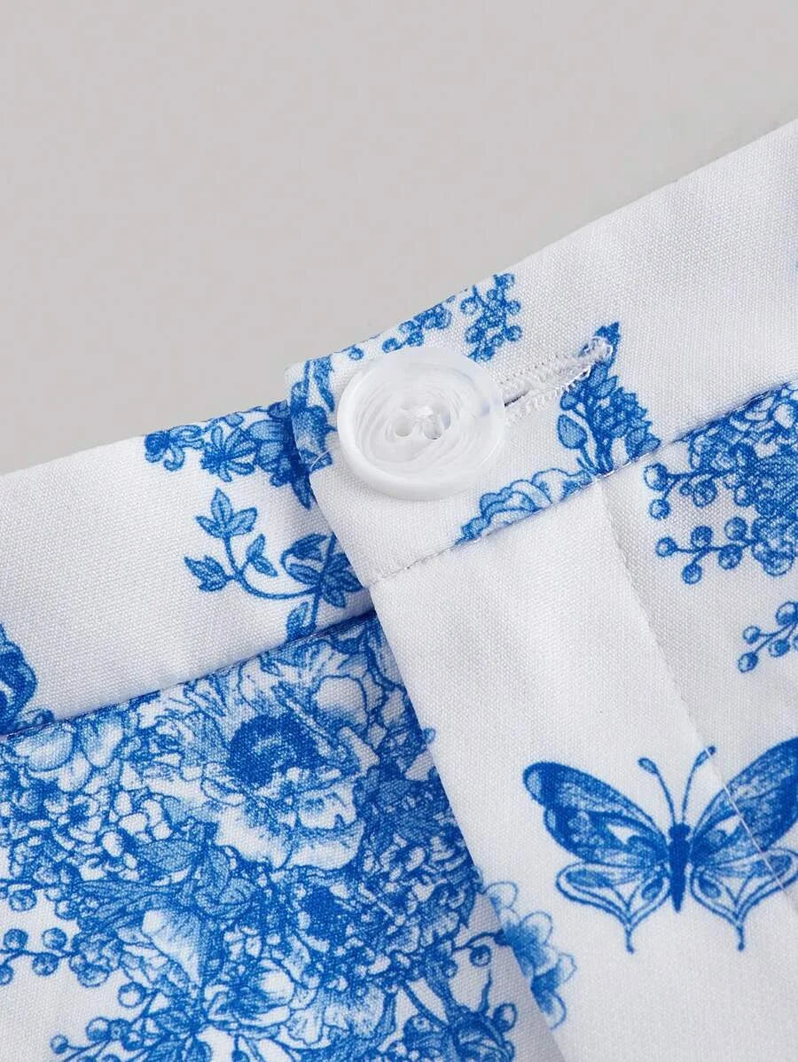 Blue amp White Floral Printed HighWaist Flared Pants With Knee Slits For Women
