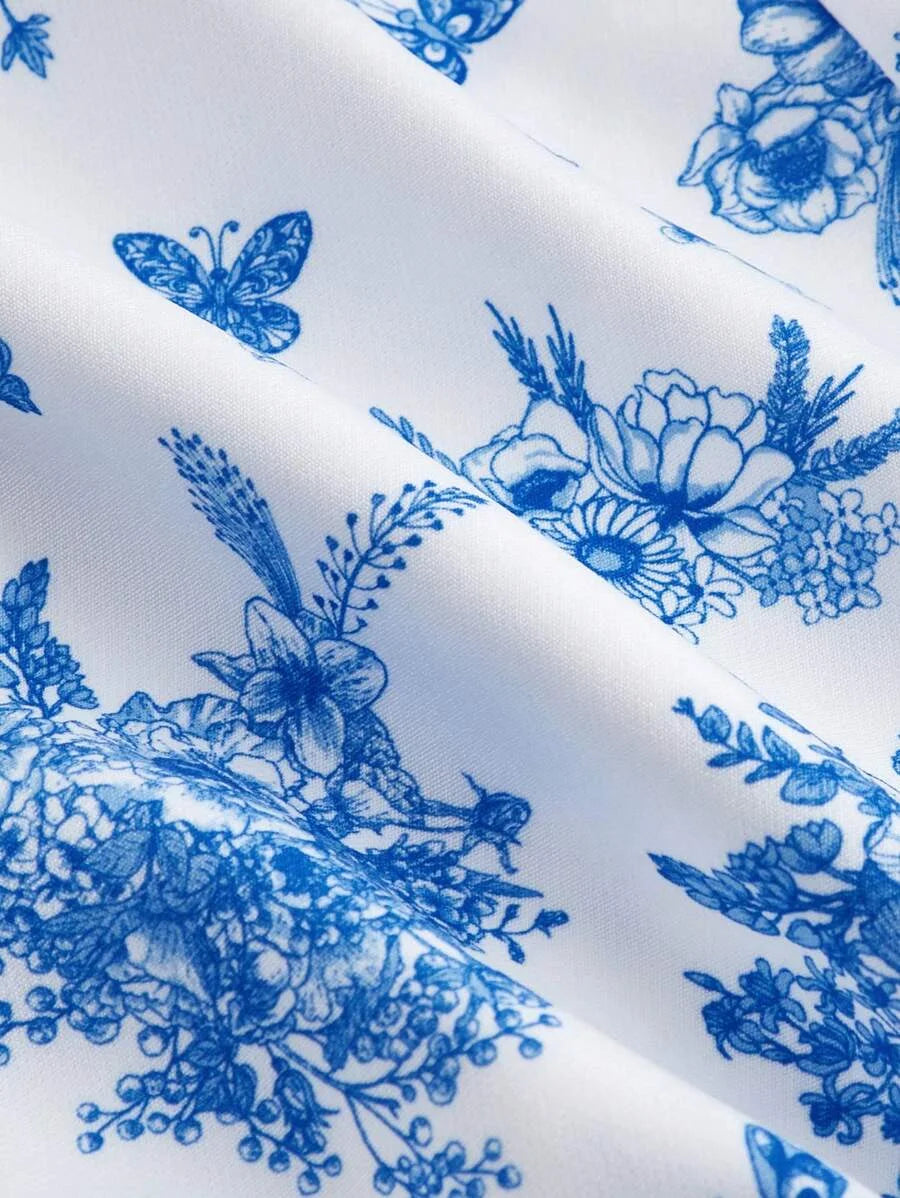 Blue amp White Floral Printed HighWaist Flared Pants With Knee Slits For Women