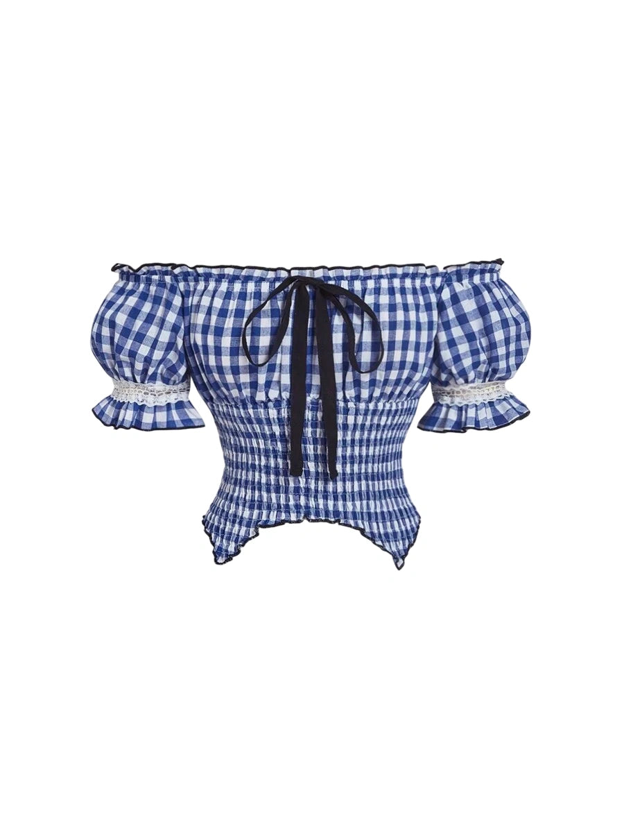 Emma gingham off-shoulder blouse with puff sleeves, smocked fit, and bow detail