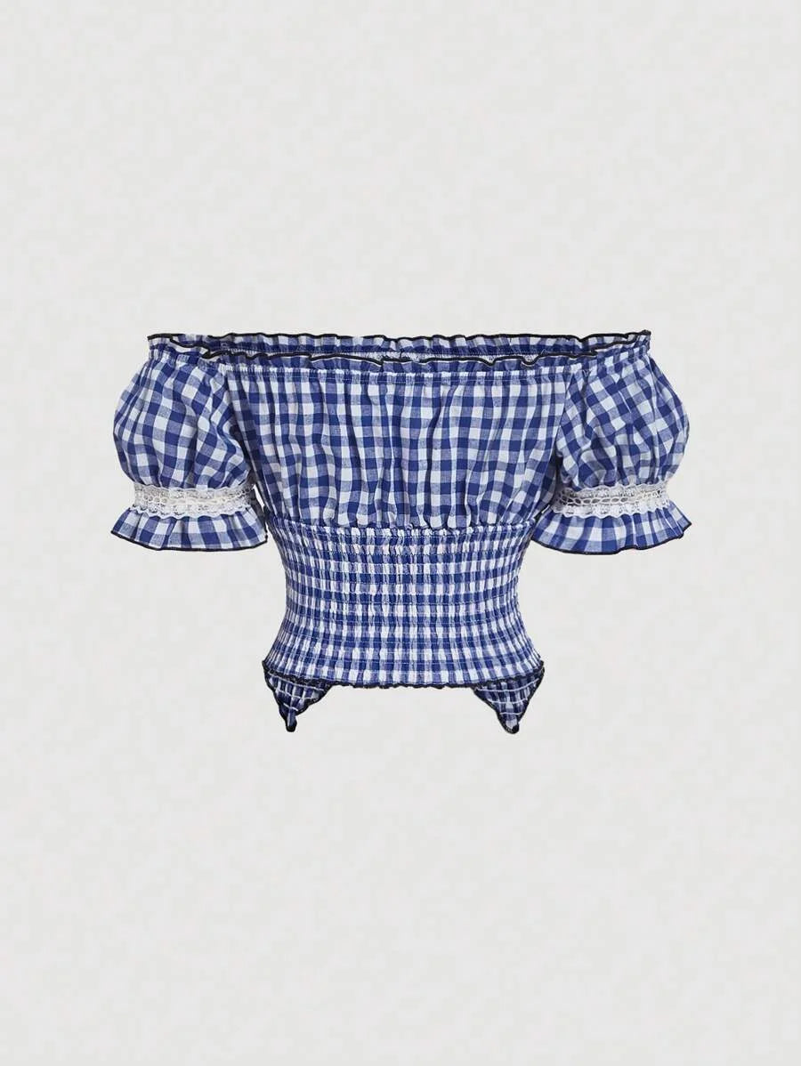 Blue amp White Plaid Corset Tube Top Off Shoulder Blouse For WomenPuff Sleeves One Shoulder Center