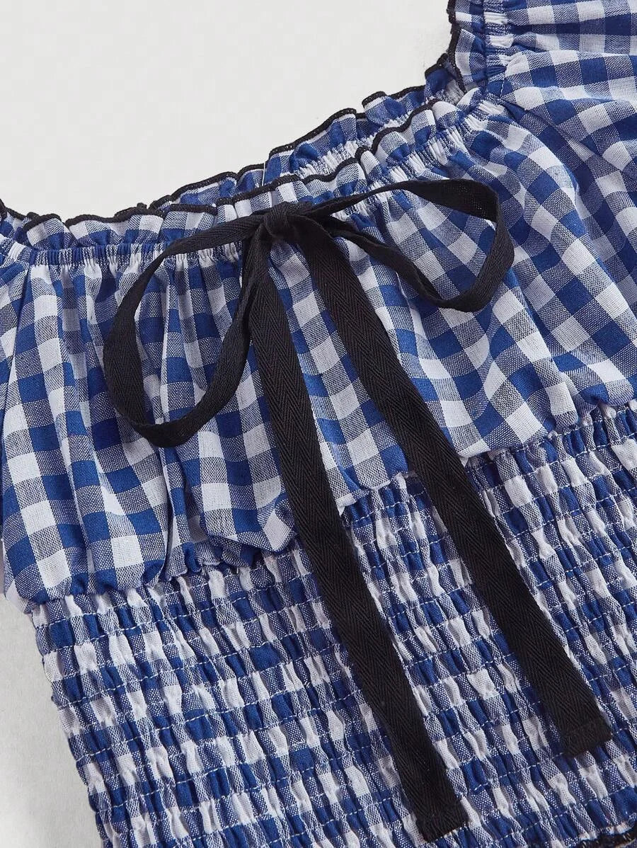 Blue amp White Plaid Corset Tube Top Off Shoulder Blouse For WomenPuff Sleeves One Shoulder Center