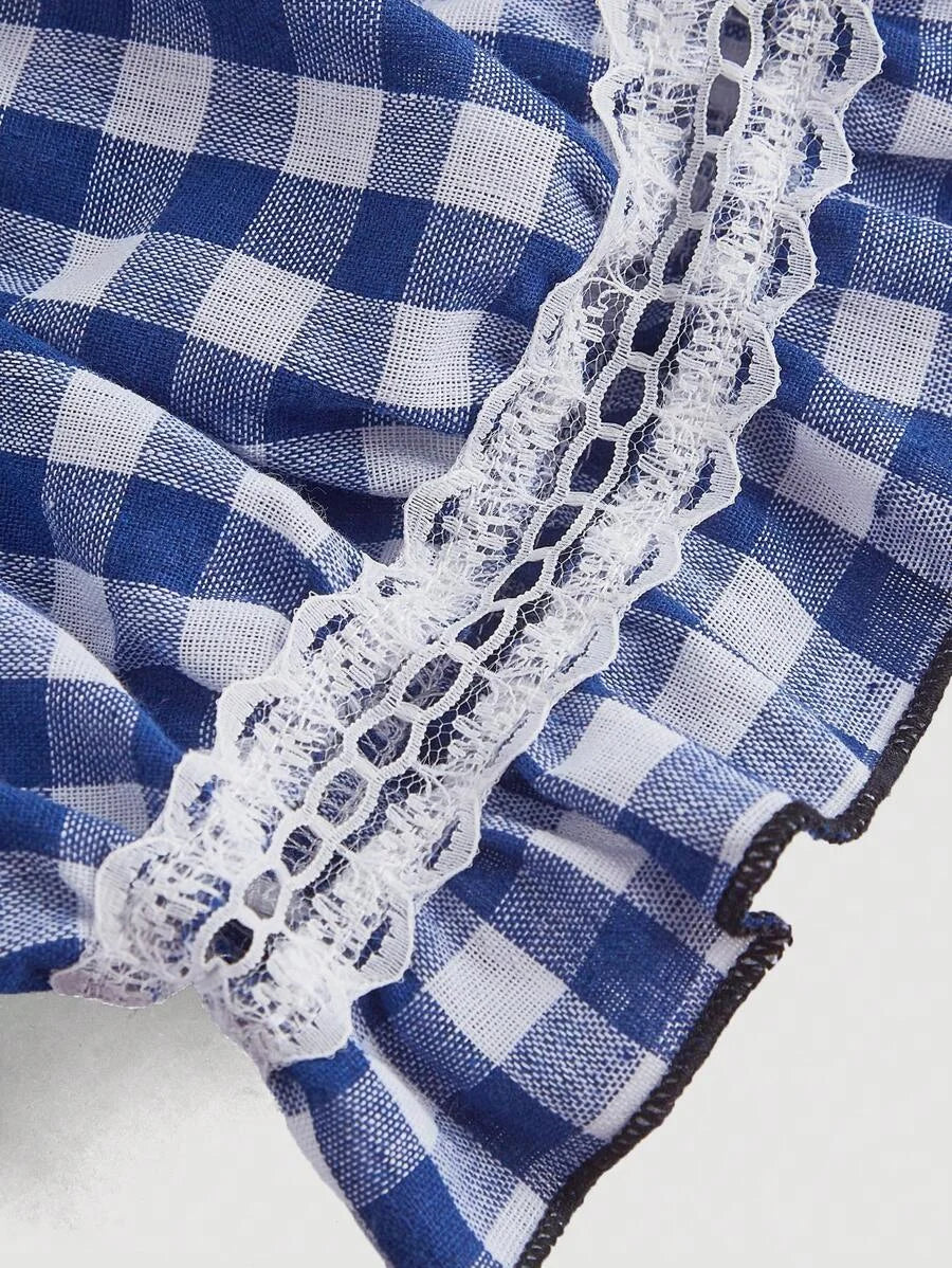 Blue amp White Plaid Corset Tube Top Off Shoulder Blouse For WomenPuff Sleeves One Shoulder Center