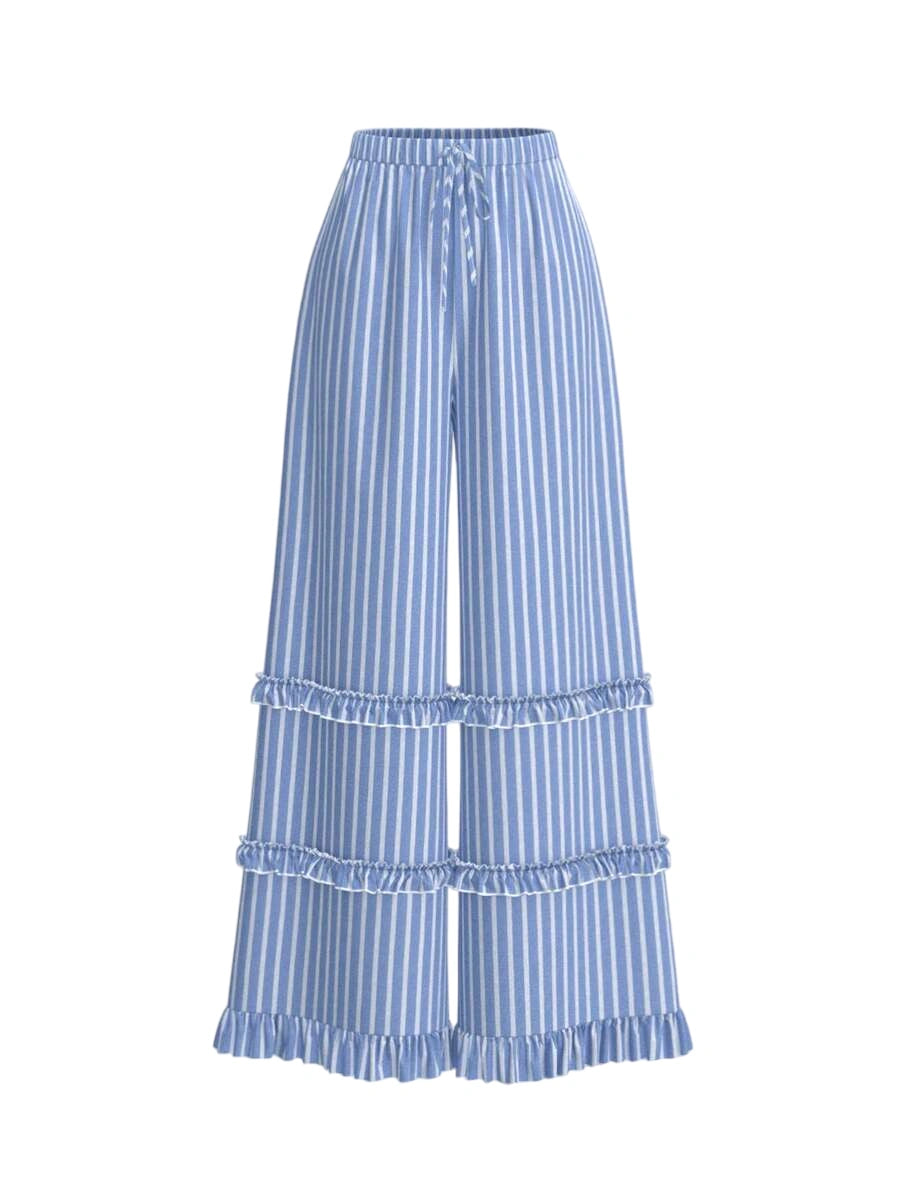 Blue amp White Wide Stripe Ruffle Hem Wide Leg Pants Minimalist amp Fashionable For SummerFlowy