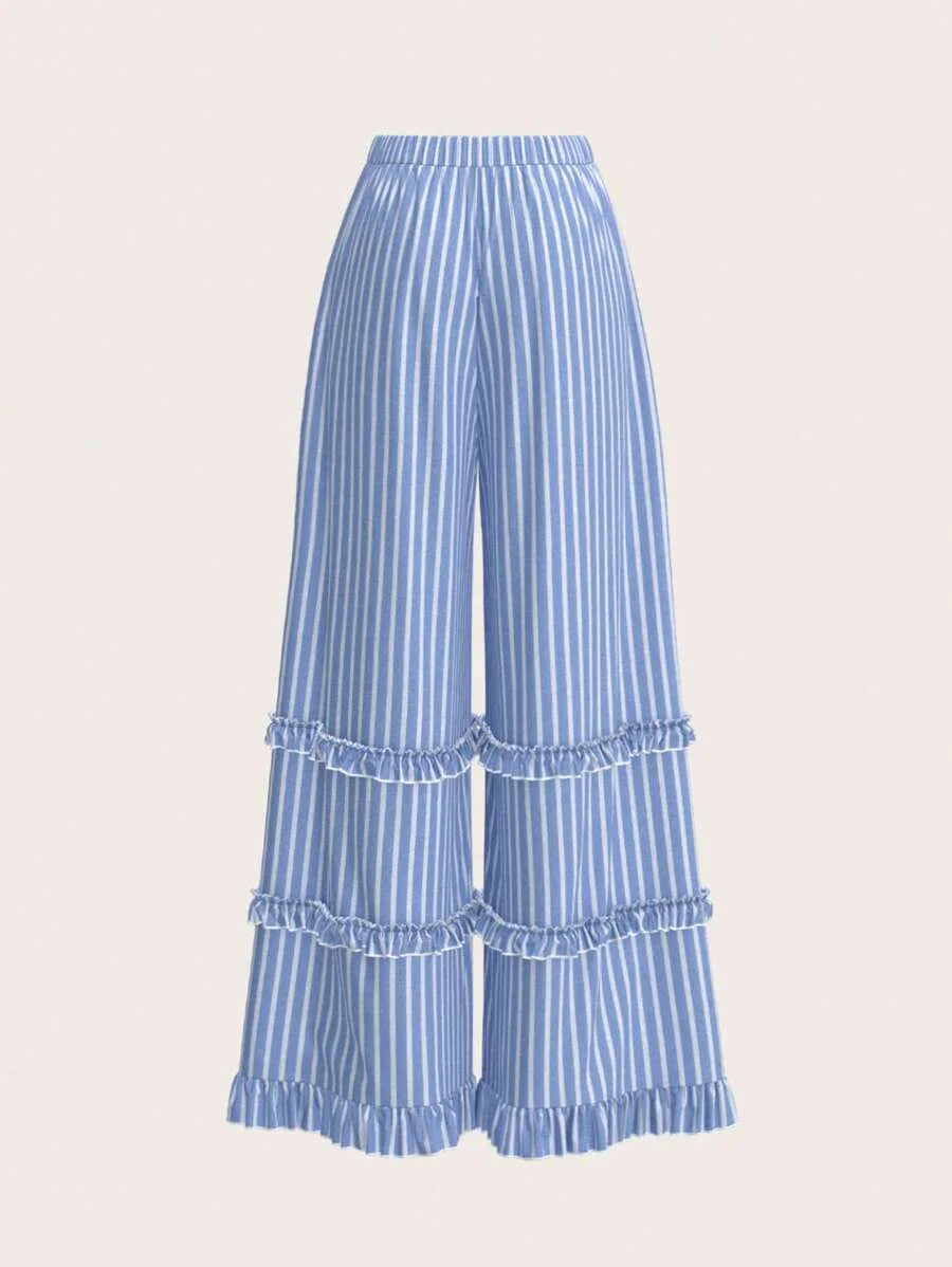 Blue amp White Wide Stripe Ruffle Hem Wide Leg Pants Minimalist amp Fashionable For SummerFlowy