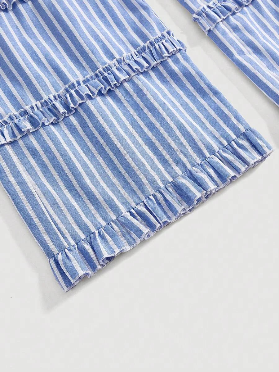 Blue amp White Wide Stripe Ruffle Hem Wide Leg Pants Minimalist amp Fashionable For SummerFlowy