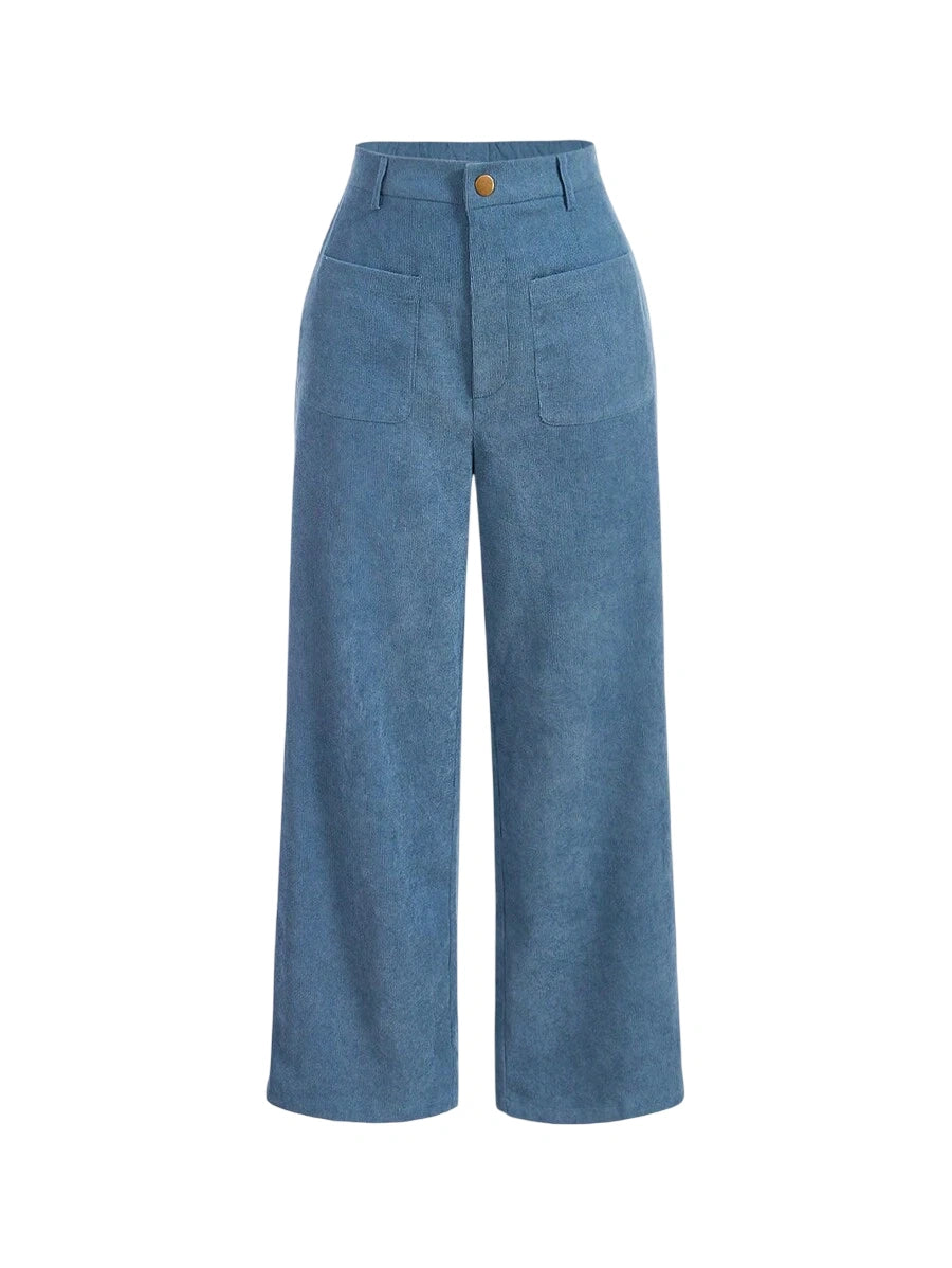 Blue Baggy Spring Break High Waist Button Detail Straight Leg Pants