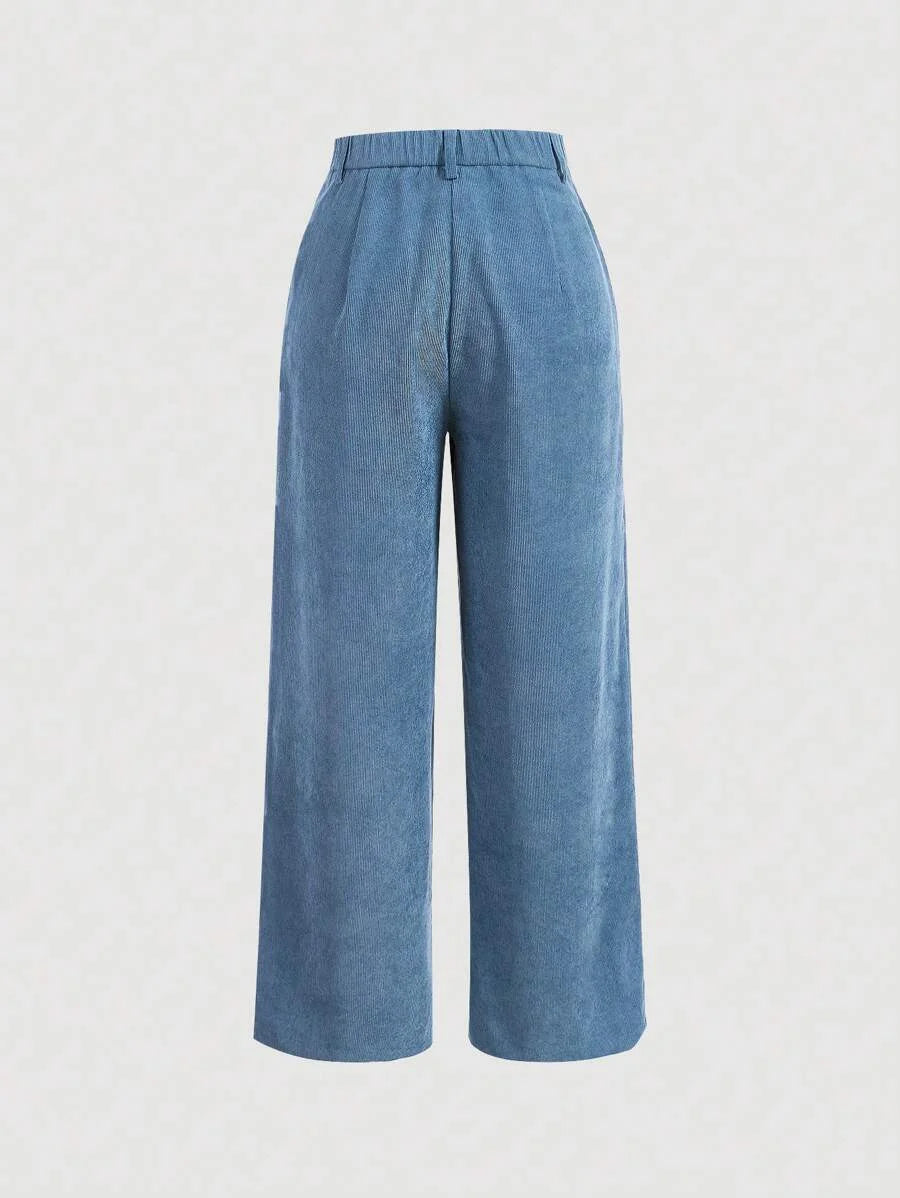 Blue Baggy Spring Break High Waist Button Detail Straight Leg Pants