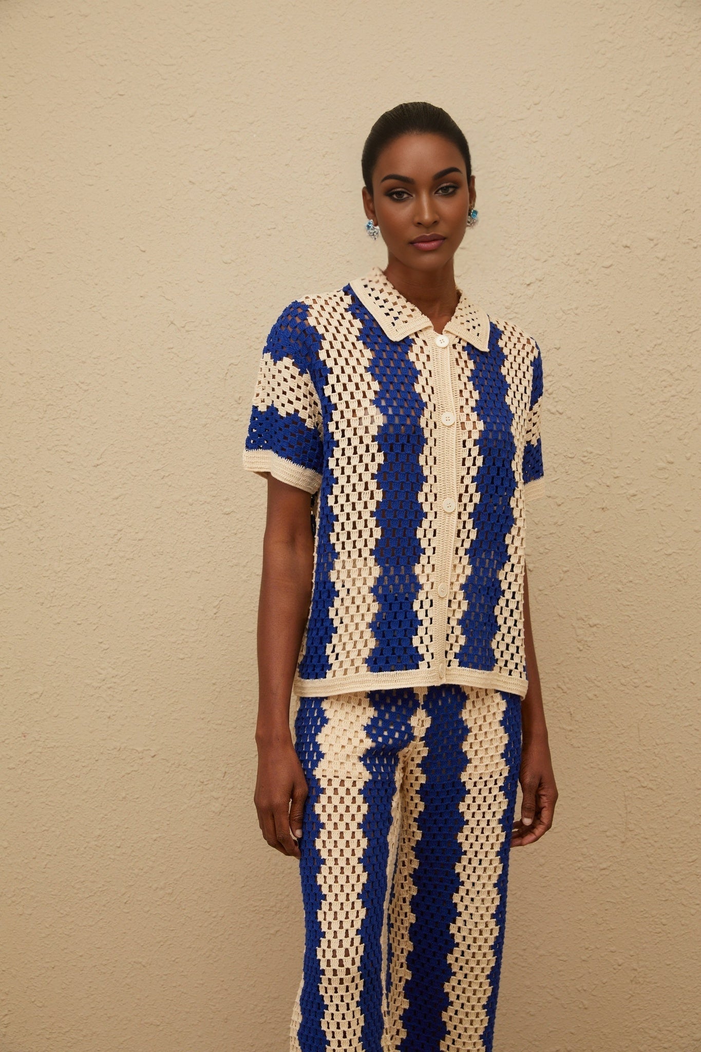 Blue Crochet Knit Shirt and Trousers Set with Cut-out Detailing and Notched Lapels