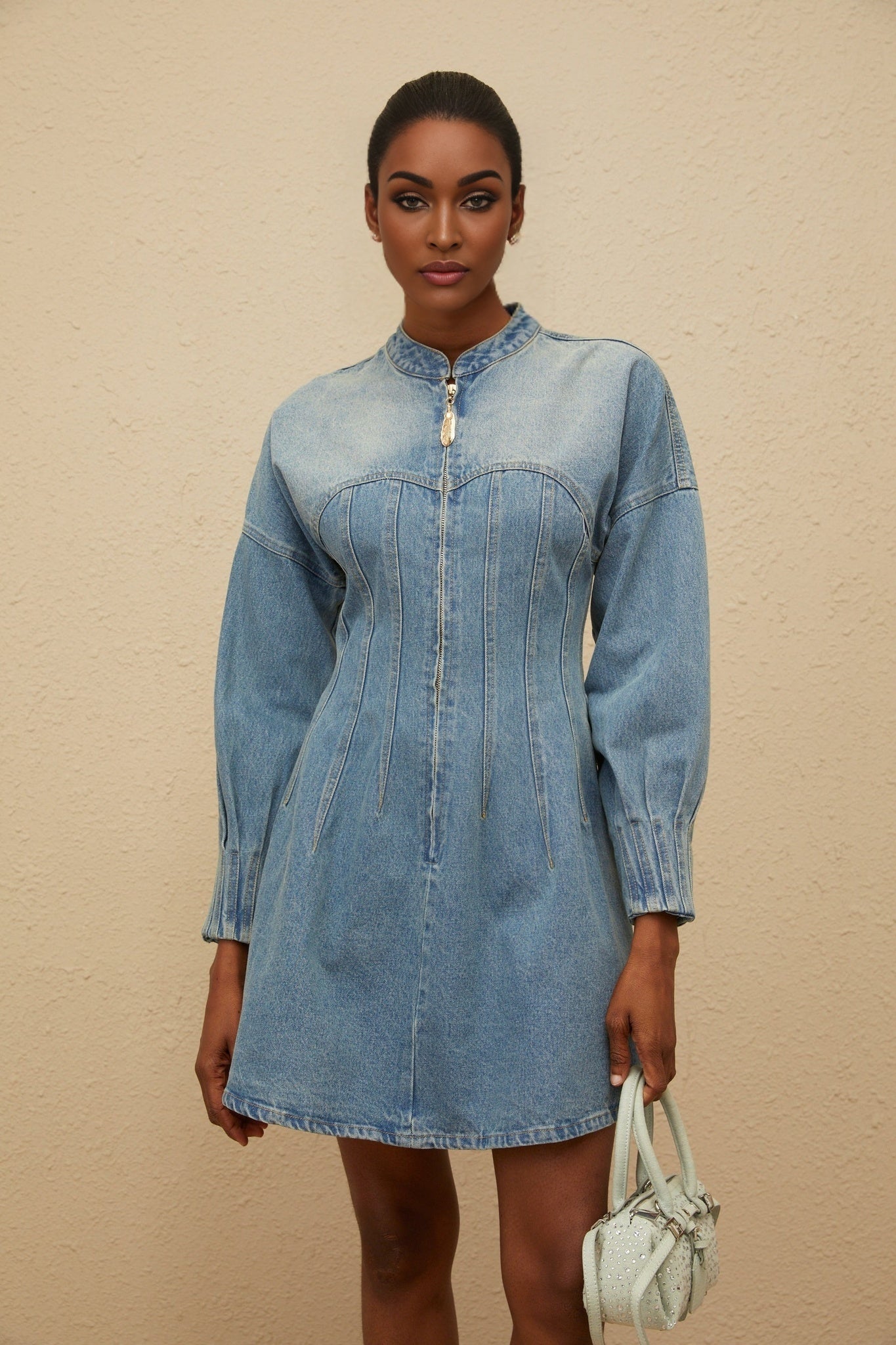 Blue Denim Flared Hem Crew Neck Long Sleeve Dress