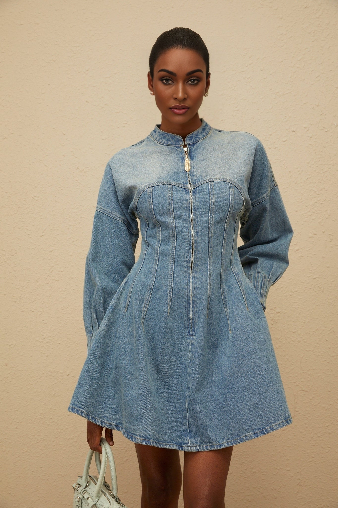 Blue Denim Flared Hem Dress with Buttoned Cuffs and Fitted Waistline