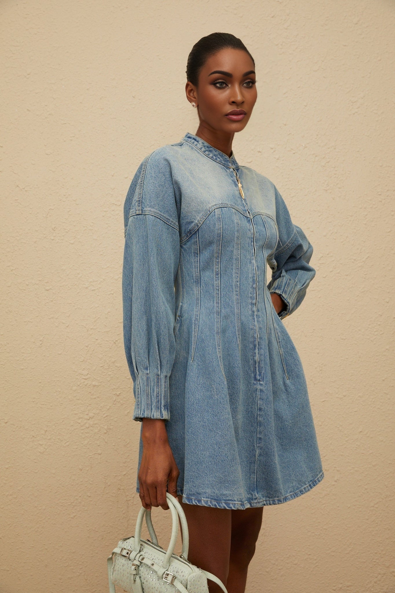 Blue Denim Flared Hem Dress with Buttoned Cuffs and Crew Neck