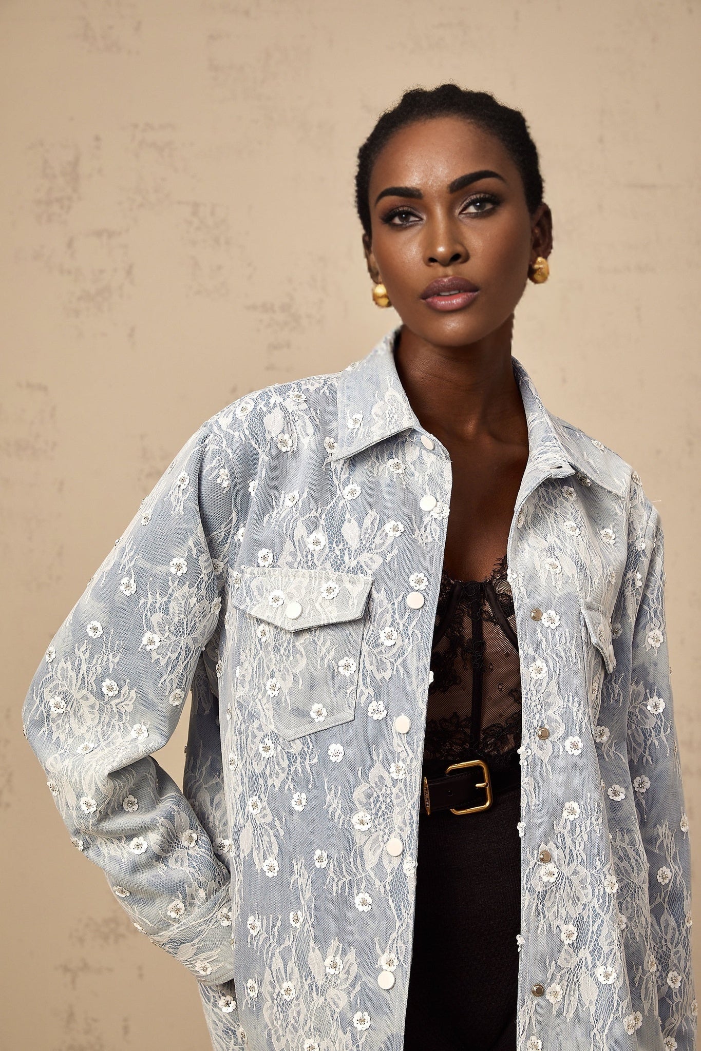 Blue denim jacket with sequined floral appliques named Blanche