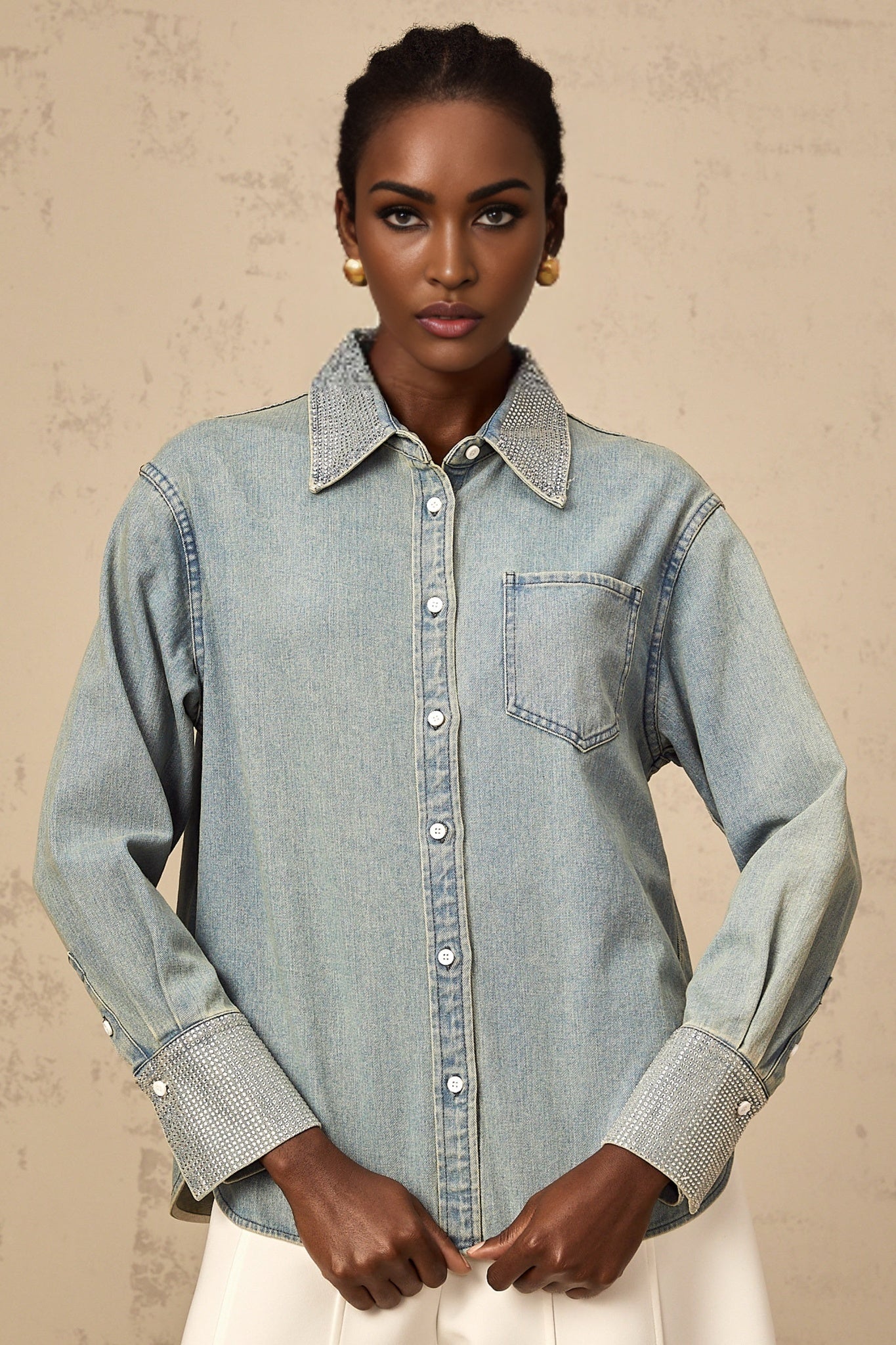 Blue denim shirt with rhinestone embellishments called Flavie