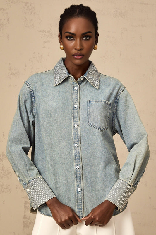 Blue denim shirt with rhinestone embellishments called Flavie