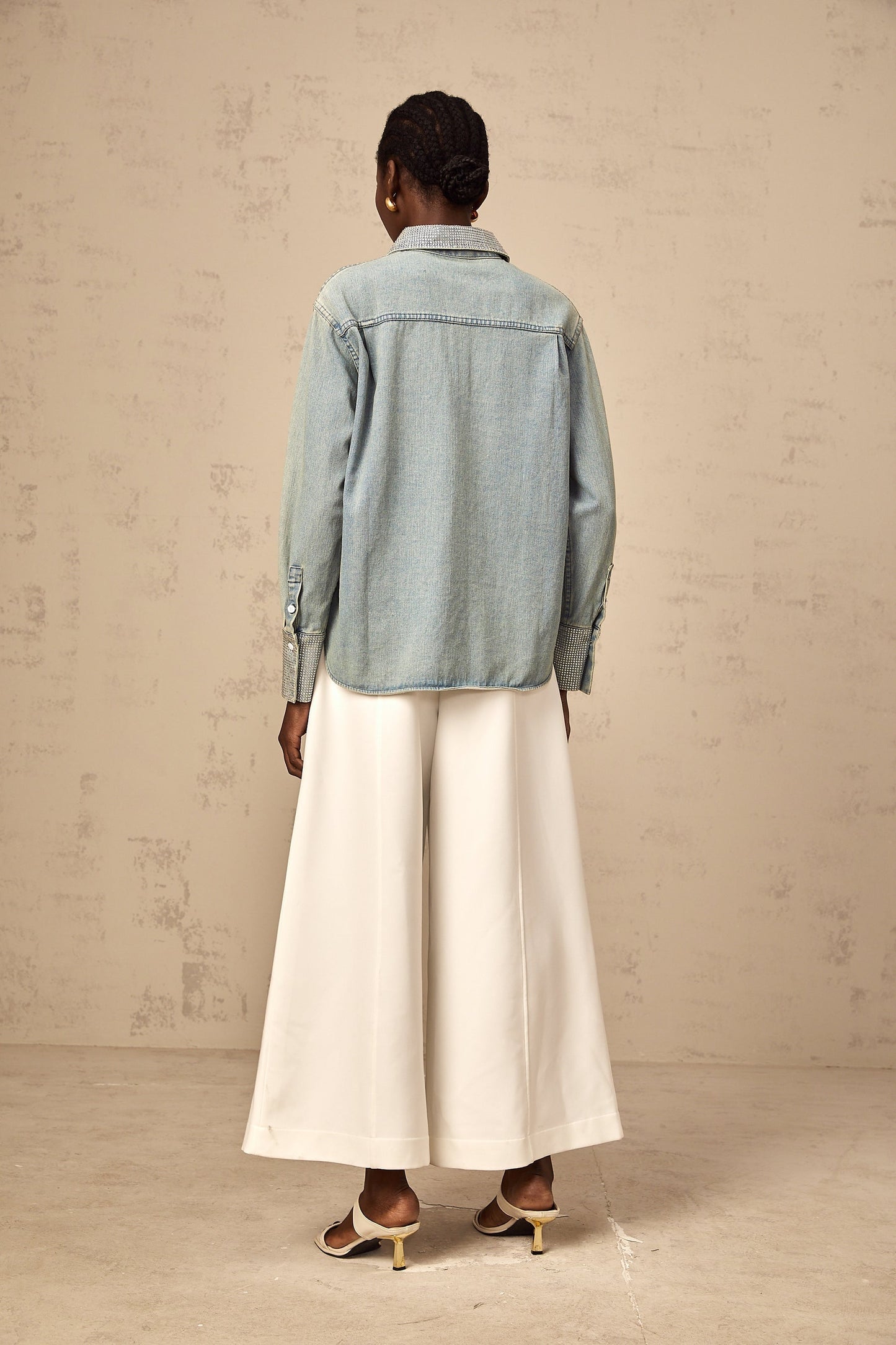 Blue denim shirt with rhinestone embellishments called Flavie