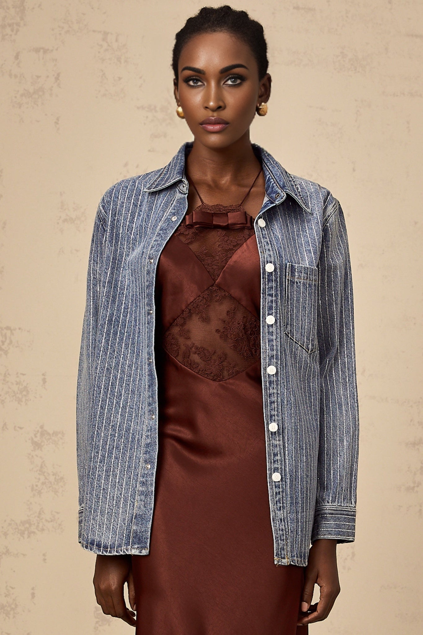 Blue denim shirt with vertical stripes and embellishments named Josephine