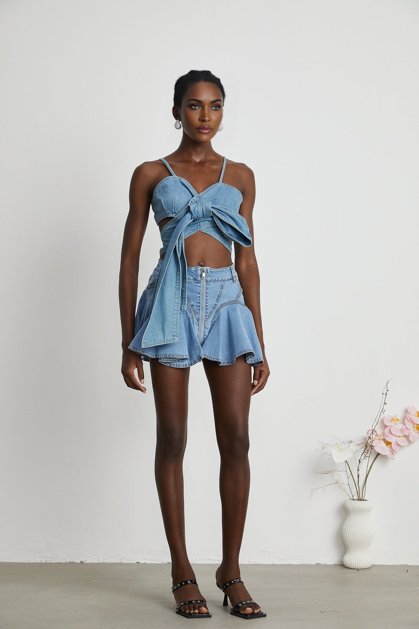 Blue denim skirt with ruffle hem called Capucine