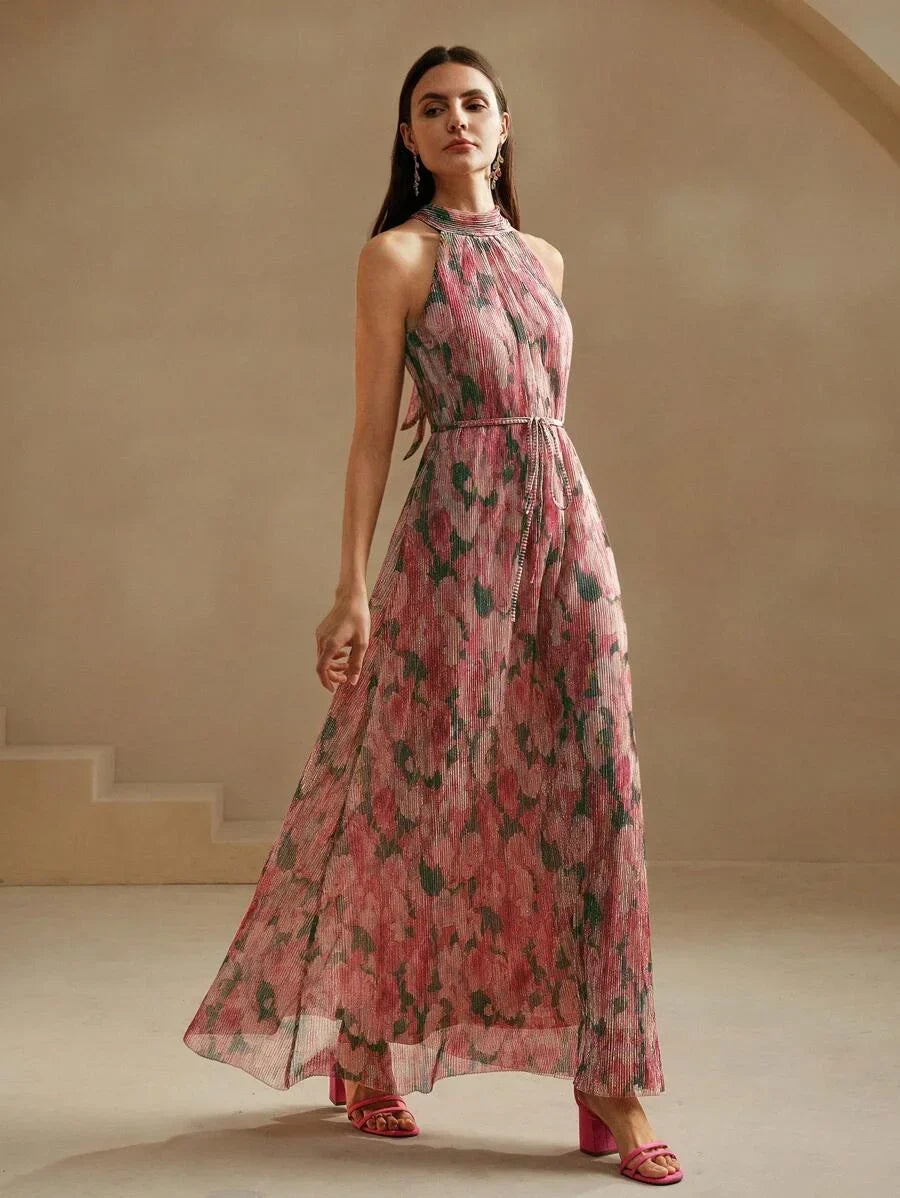 Blue Floral Pleated Halter Neck Dress
