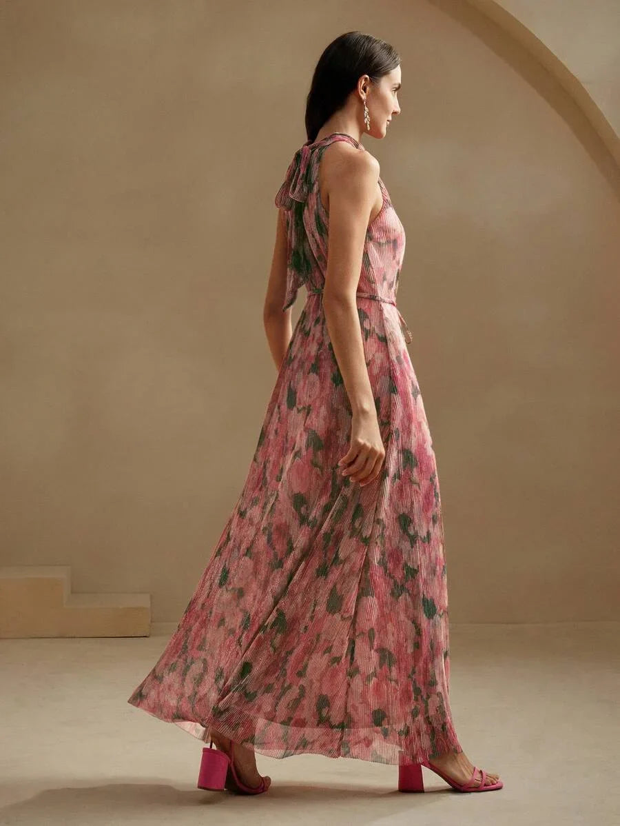 Blue Floral Pleated Halter Neck Dress