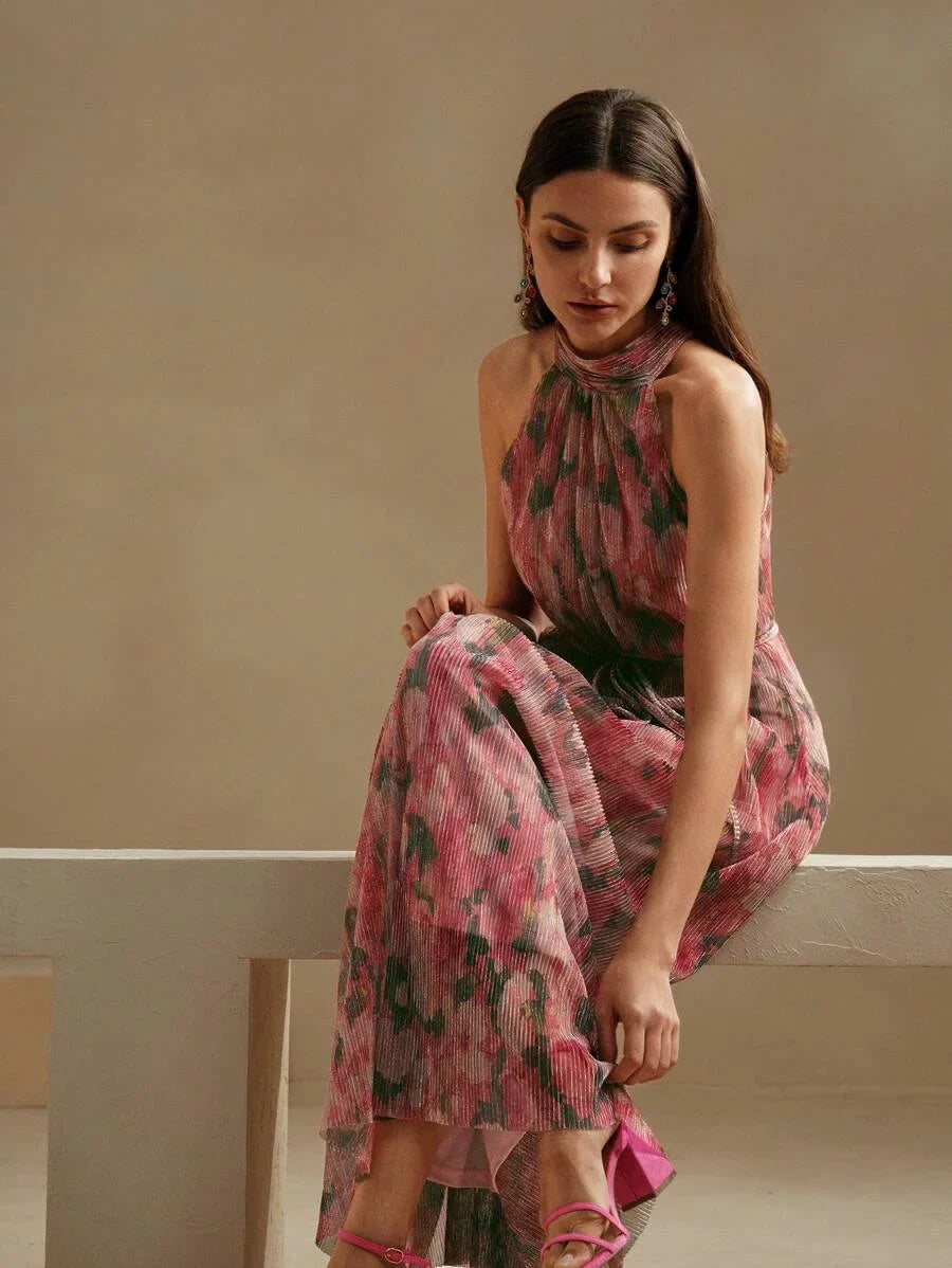 Blue Floral Pleated Halter Neck Dress