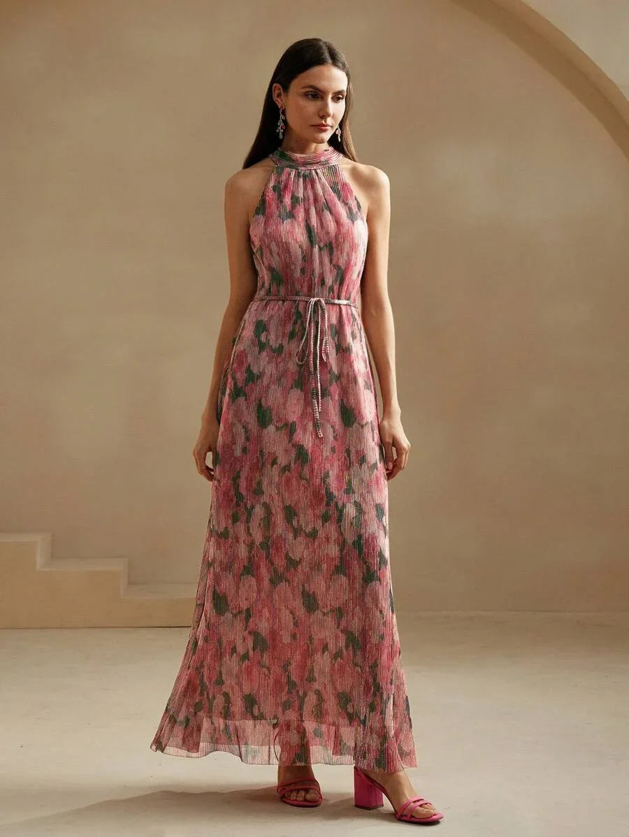 Blue Floral Pleated Halter Neck Dress