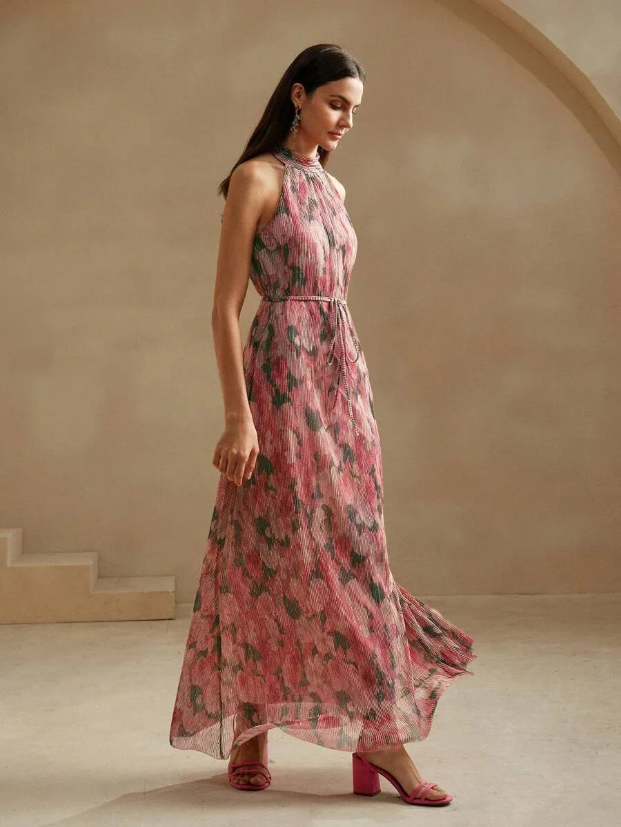 Blue Floral Pleated Halter Neck Dress
