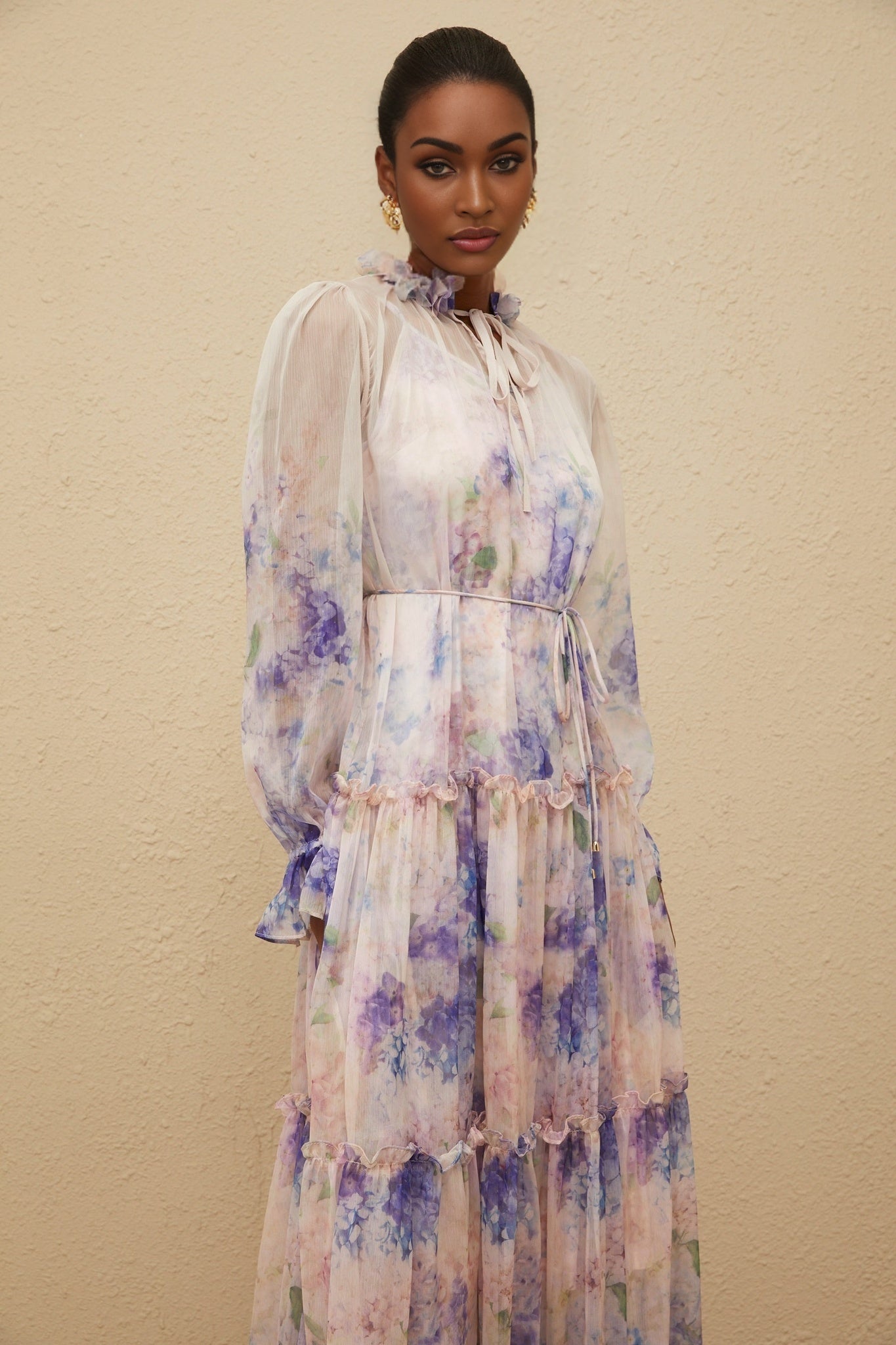 Blue floral print midi dress with frilled neck and tied waist
