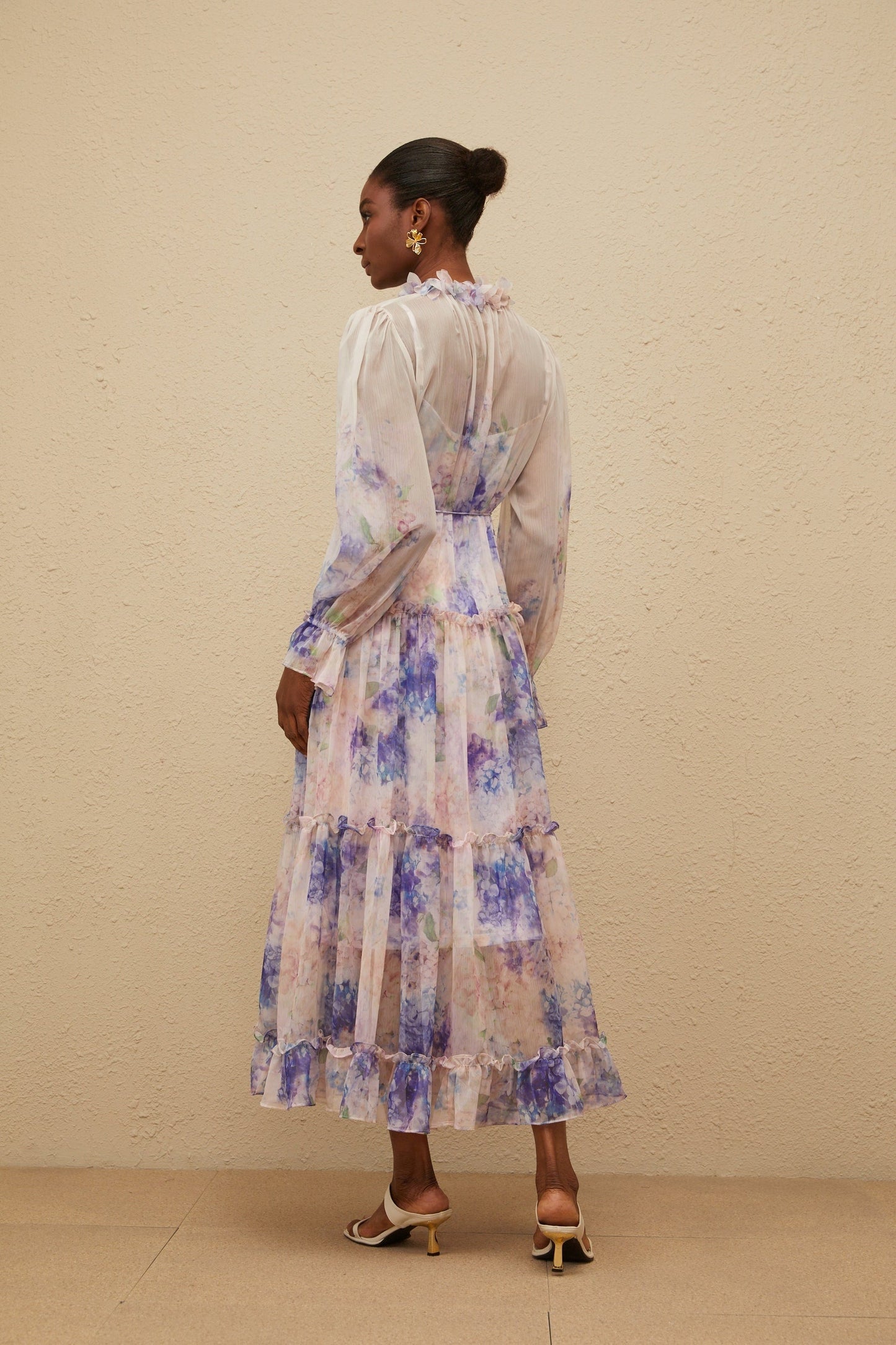 Blue floral print midi dress with frilled neck and tied waist
