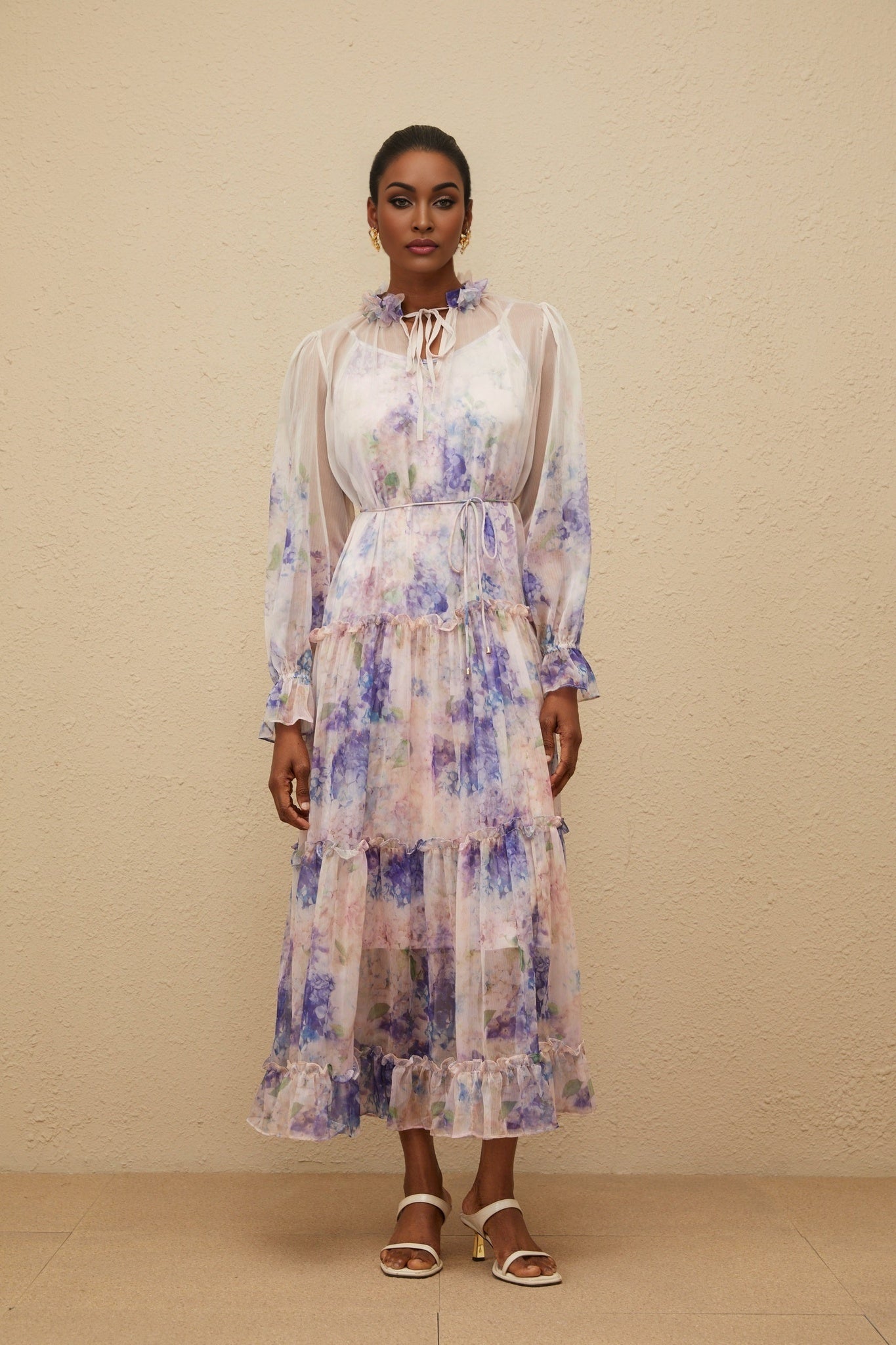 Blue Floral Print Midi Dress with Frilled Neck and Puff Sleeves