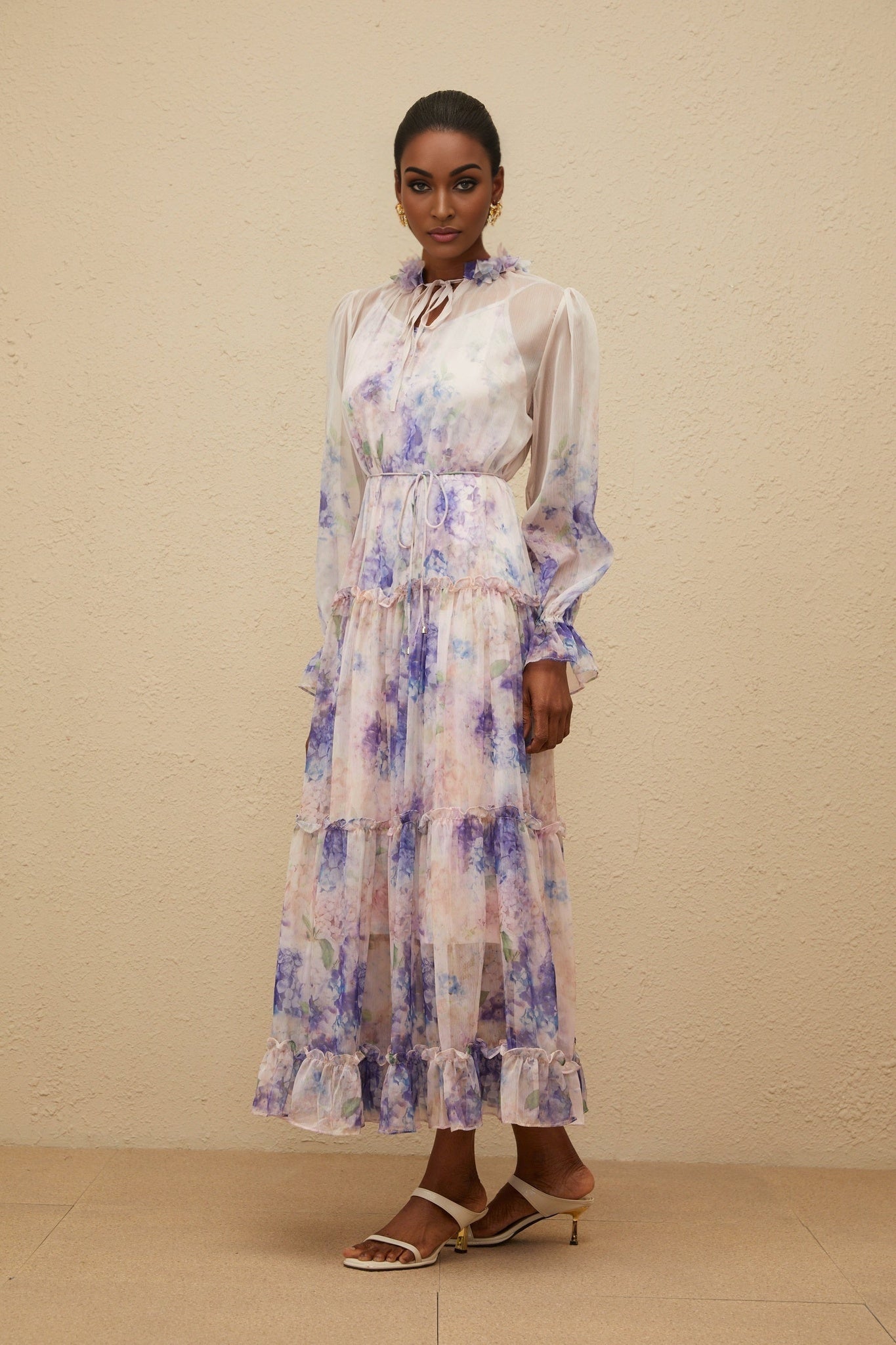 Blue Floral Print Midi Dress with Frilled Neck and Ribbon Tie Detailing