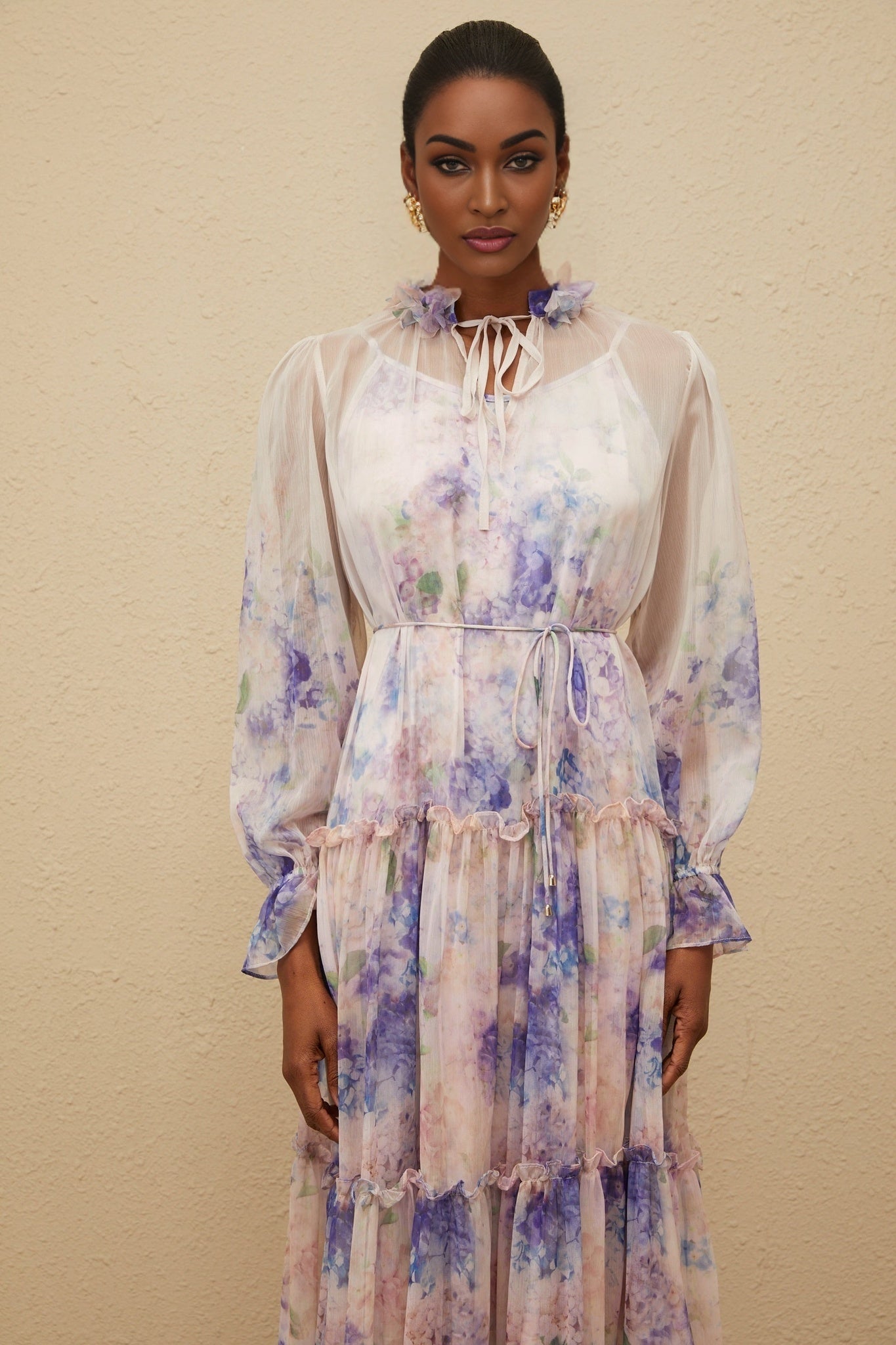 Blue floral print midi dress with frilled neck and puff sleeves