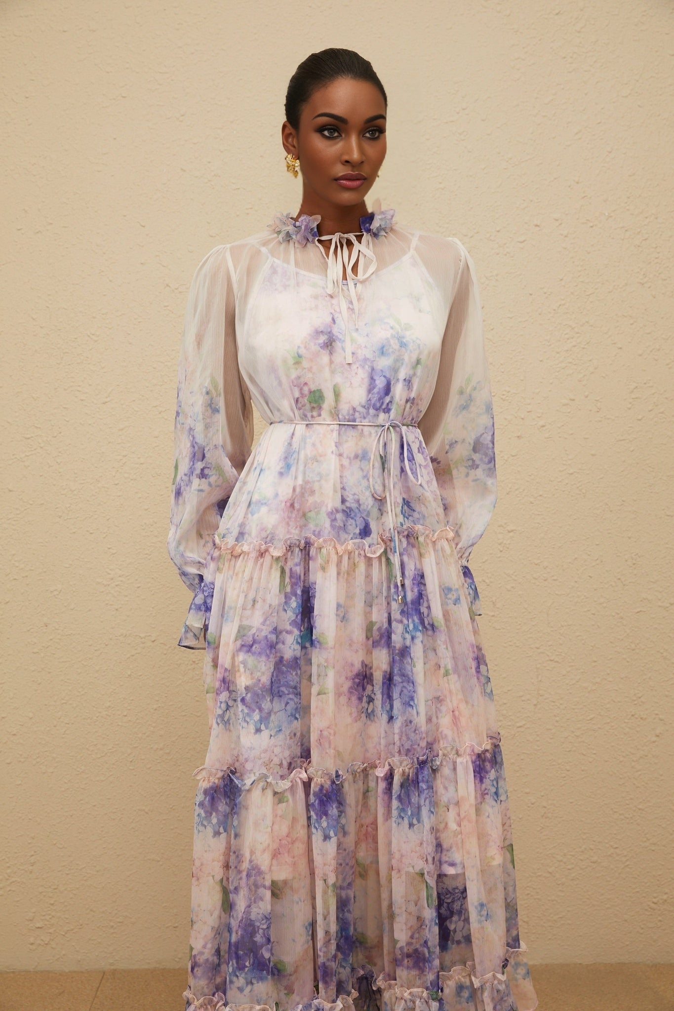 Blue floral print midi dress with frilled neck and puff sleeves