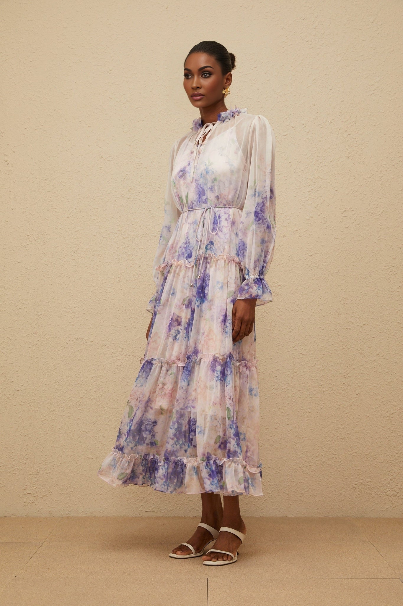 Blue Floral Print Midi Dress with Frilled Neck and Puff Sleeves